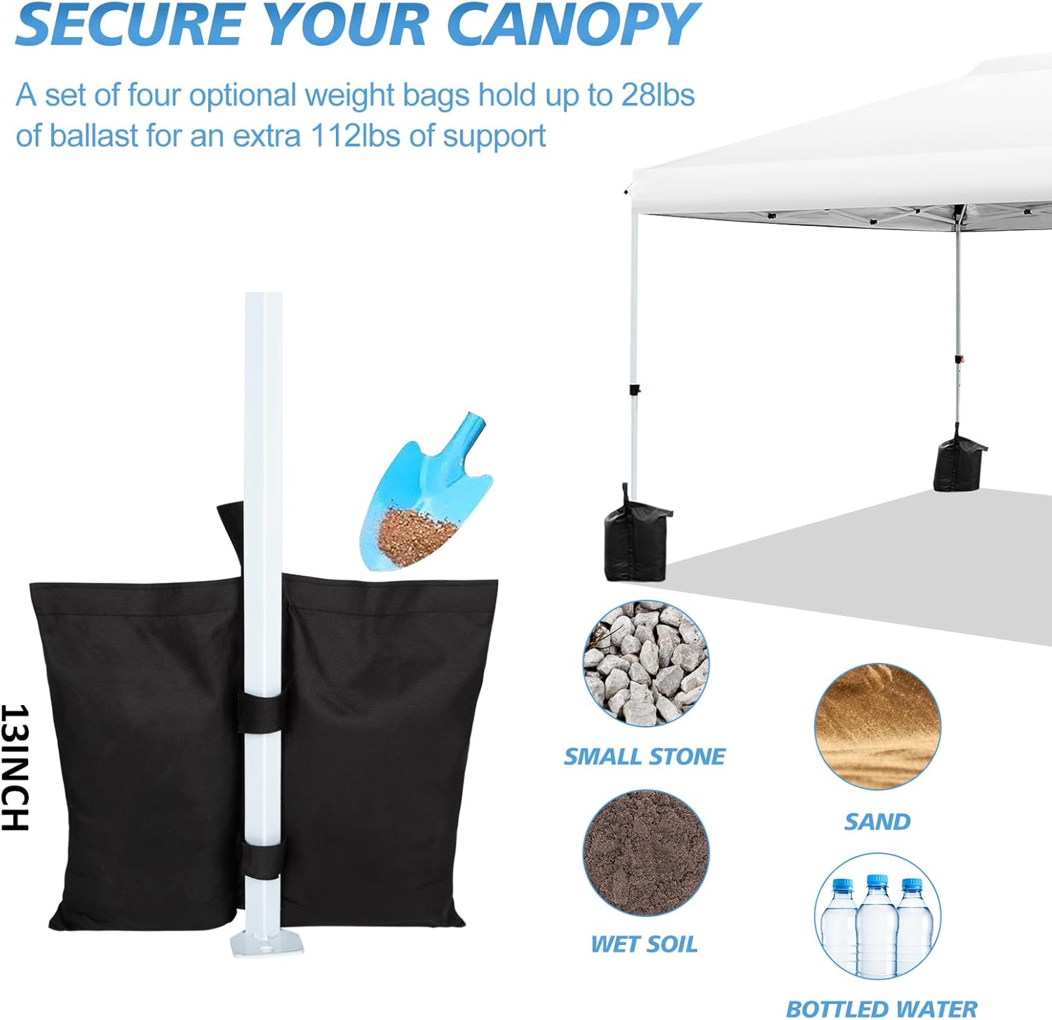 WEIZE Pop up Canopy Tent 10x10ft, 1-Button Push Setup, Instant Portable Shelter, Adjustable Height, Portable Roller Bag, 4 Weight Bags, Guy Ropes & Stakes Included, White - Image 6