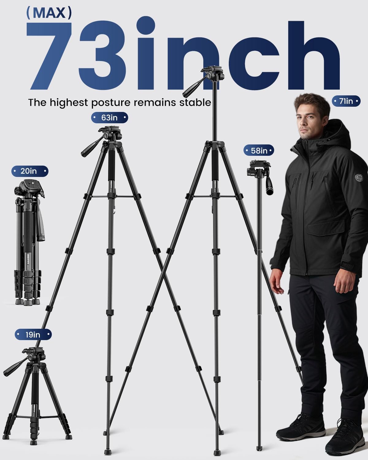 CAMBOFOTO 73" Camera Tripod and Monopod, Professional Aluminum Tripod Stand for Mirrorless Camera/DSLR/Cell Phone/Camcorder/GoPro, with Phone Holder and Travel Bag (Black) - Image 4