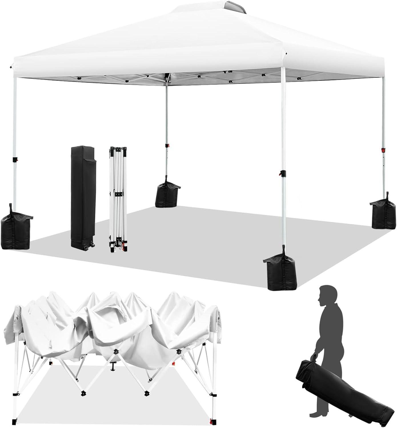 WEIZE Pop up Canopy Tent 10x10ft, 1-Button Push Setup, Instant Portable Shelter, Adjustable Height, Portable Roller Bag, 4 Weight Bags, Guy Ropes & Stakes Included, White - Image 2