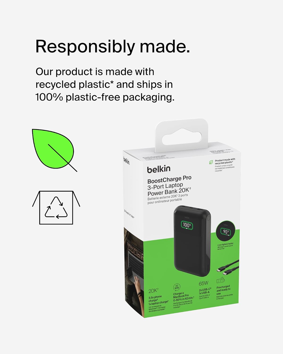 Belkin Portable Charger, 3-Port Laptop Power Bank 20000 mAh - USB-C & USB-A Ports, 65W iPhone Charger Fast Charging - MacBook, Apple iPhone 17, iPad, Samsung Galaxy S25, Nintendo Switch 2, etc - Black - Image 7