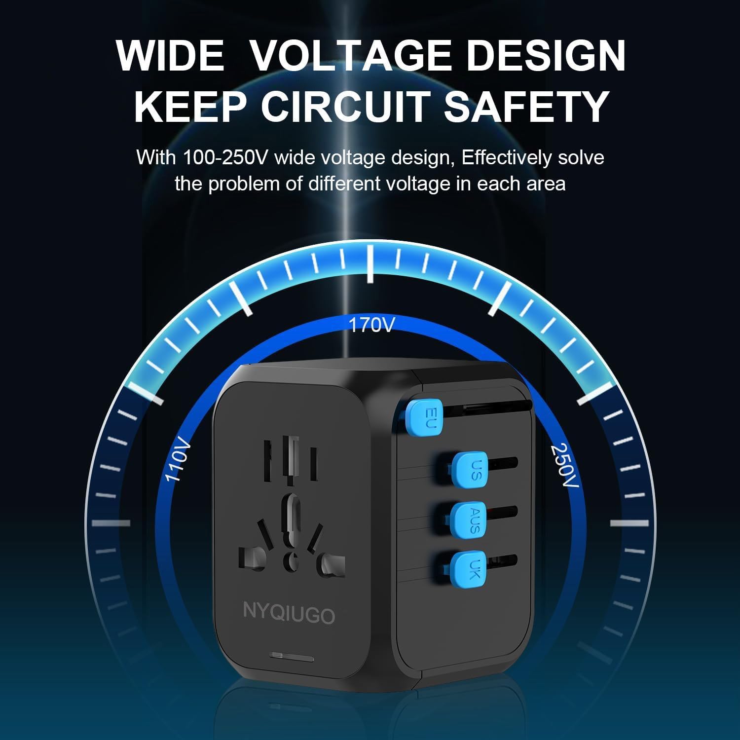 NYQIUGO Universal International Power Travel Plug Adapter with 3 USB Ports (1 USB C), Worldwide Plug Adaptor Wall Charger for USA to Europe UK France Germany Spain Ireland Australia (Type C/G/A/I) - Image 7