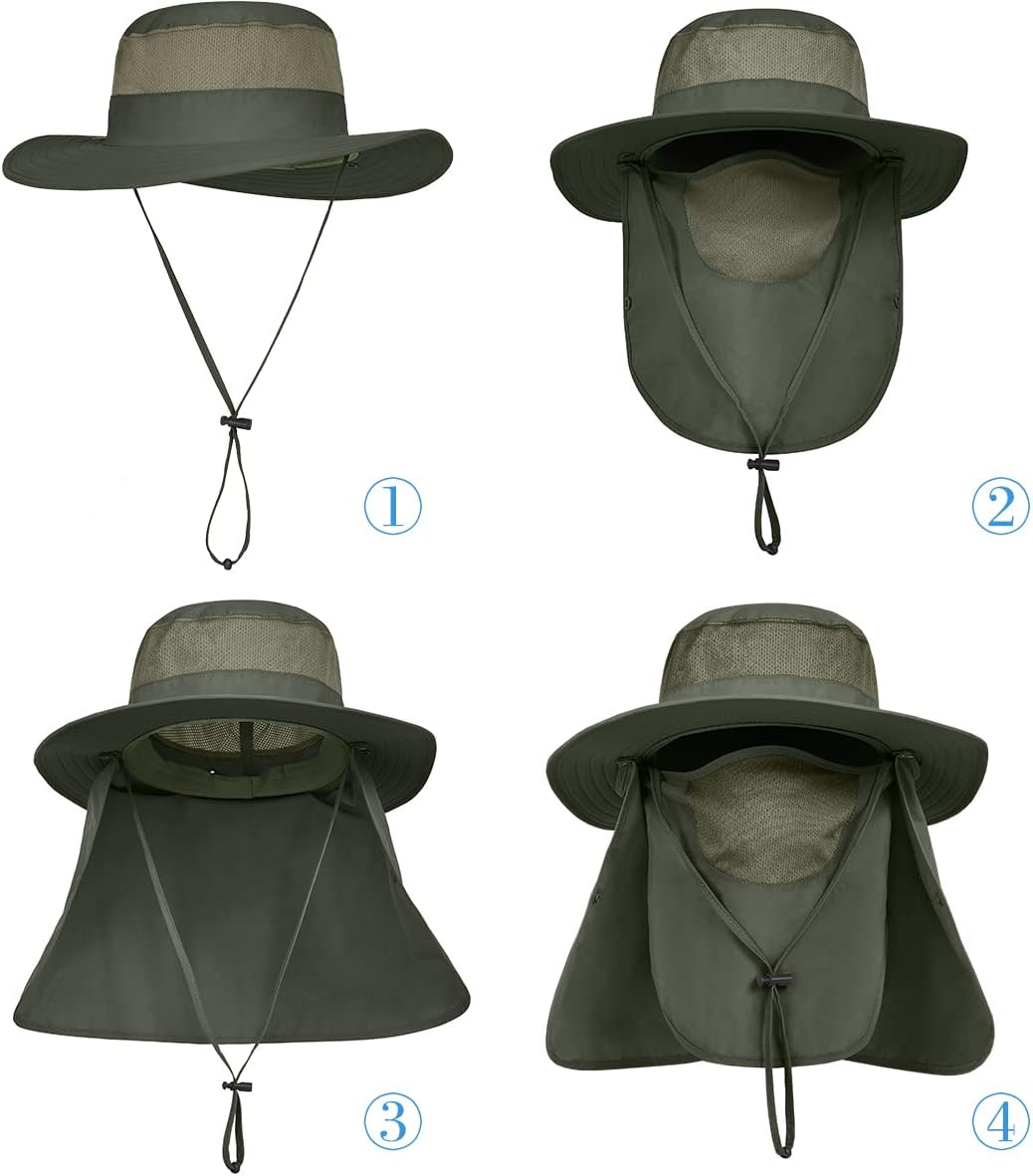 3 Pack Mens Outdoor Wide Brim Fishing Hat,UPF 50+ Sun Protection Cap with Face Neck Flap for Hiking & Garden - Image 5
