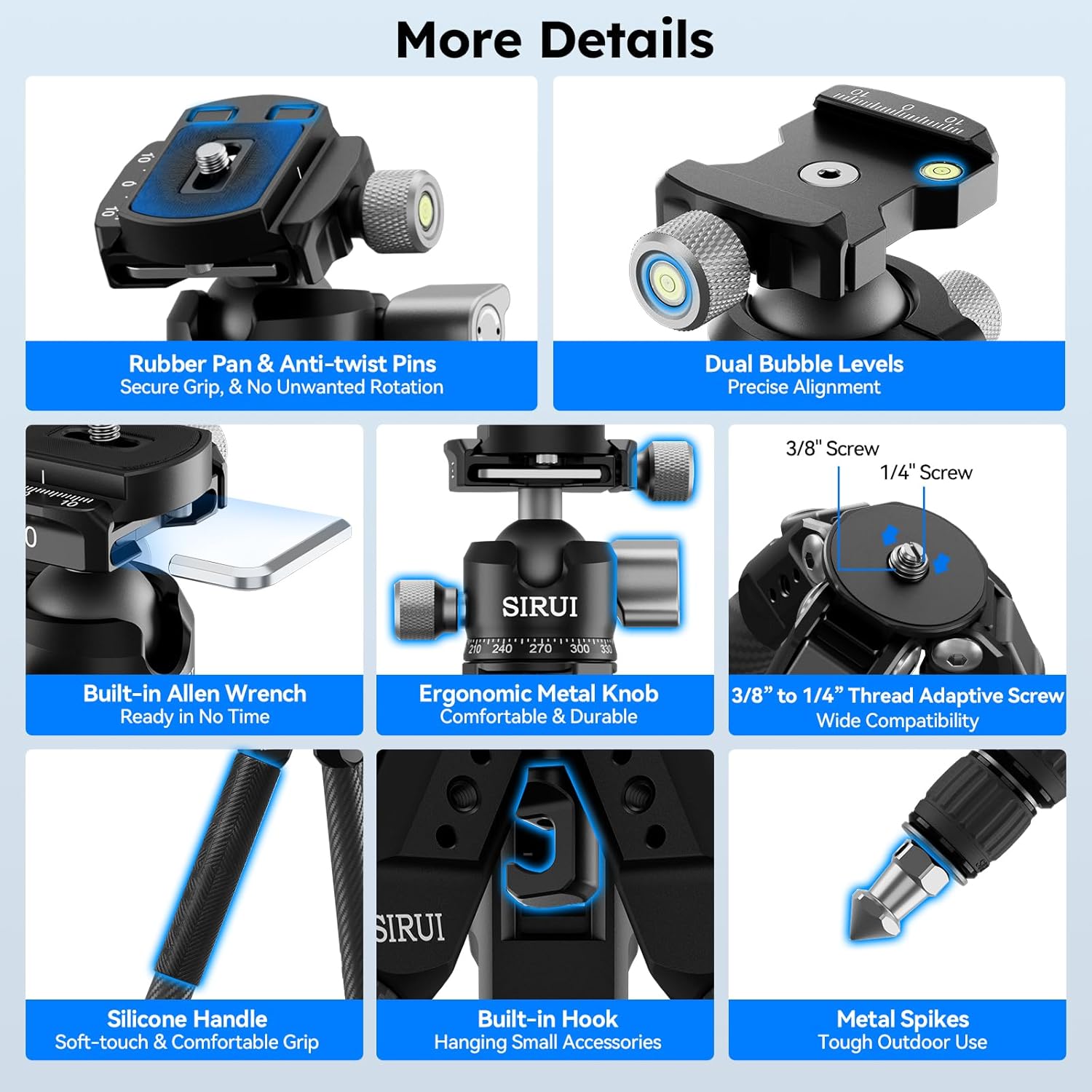 SIRUI Carbon Fiber Travel Tripod, 50" Compact Lightweight Backpack Tripod with Low Profile Ball Head with Quick Release Plate for Arca, 6 Mounting Points for Camera and Phone, AM-225S+G0 - Image 8