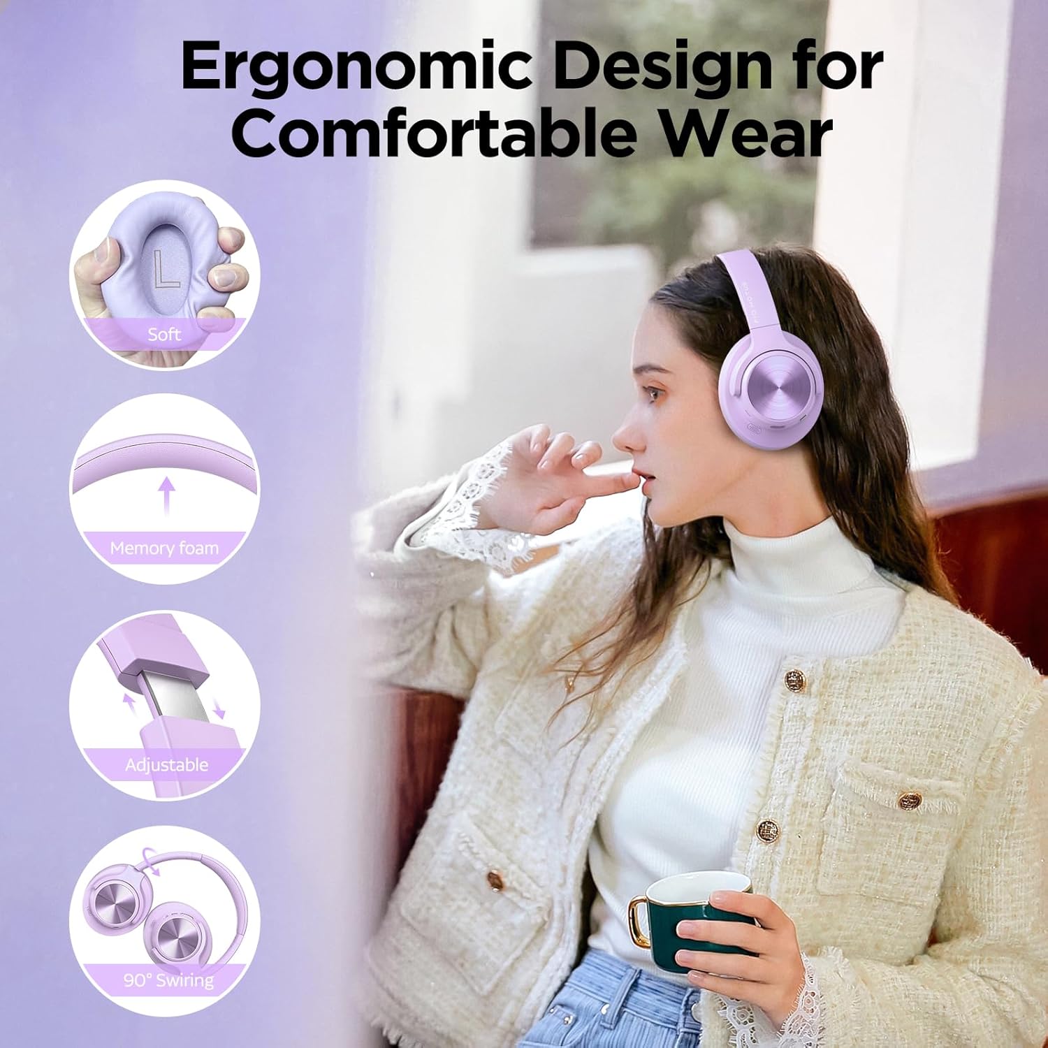 Noise Cancelling Headphones: Wireless Over Ear Bluetooth Headphones with 130H Playtime - Hi-Res Sound Custom EQ via App Deep Bass Comfort Fit Ear Cups for Travel Home Office - Image 8