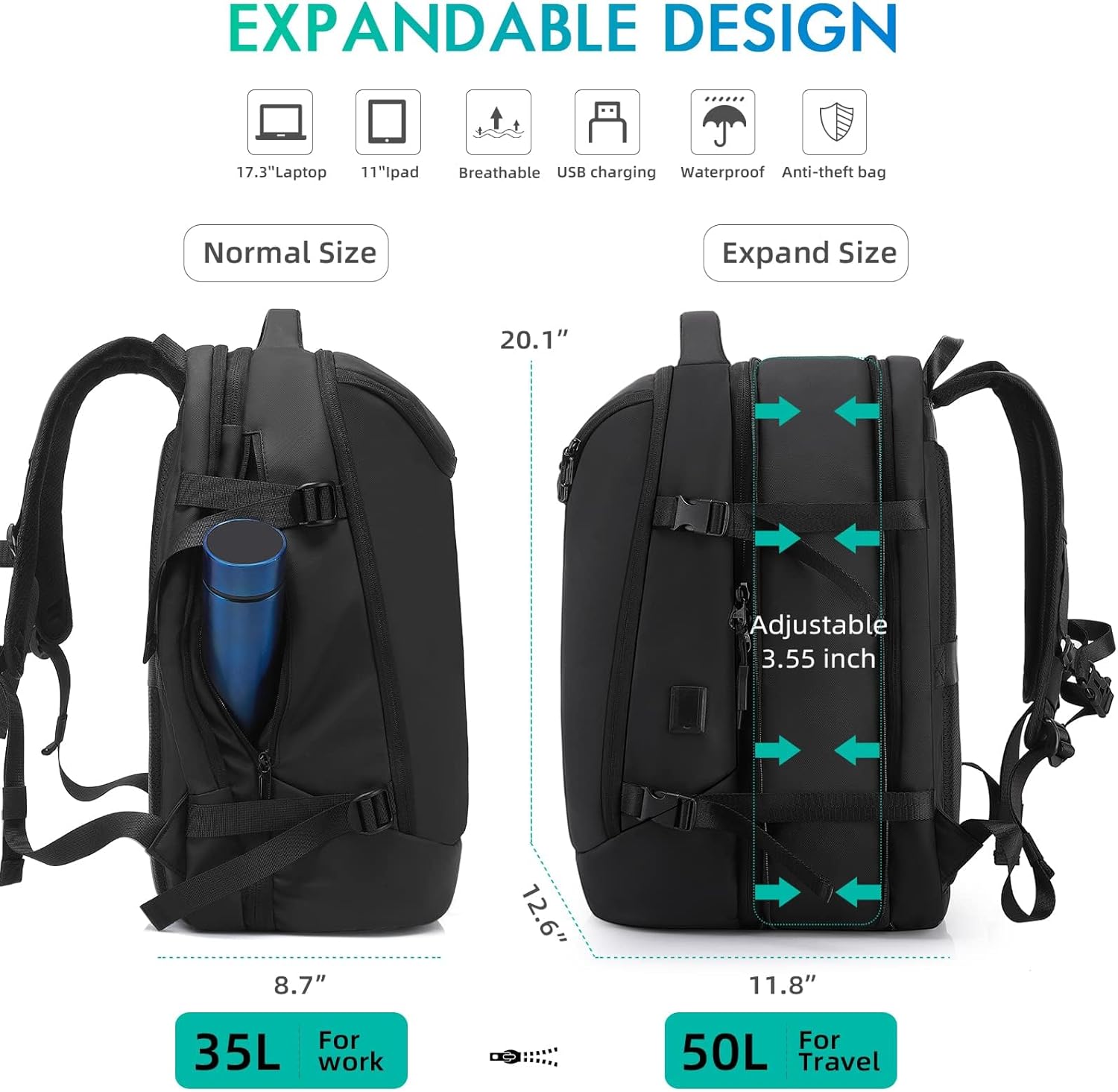 Travel Carry on Backpack 50L Expandable Flight Approved Backpacks 17.3 inch Laptop and USB Charging Port bags Water Resistant Business Back Pack for Women & Men - Image 6