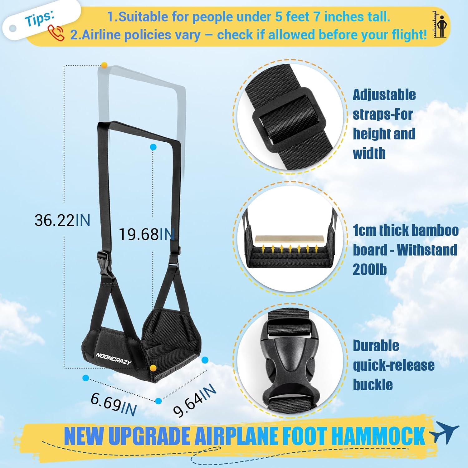 Airplane Foot Hammock, No Collapse Foot Rest for Plane Travel with Extended Adjustment Strap, Portable Desk Foot Hammock with Thickened Foam, Foot Sling Travel Essentials to Relax Your Feet - Image 3