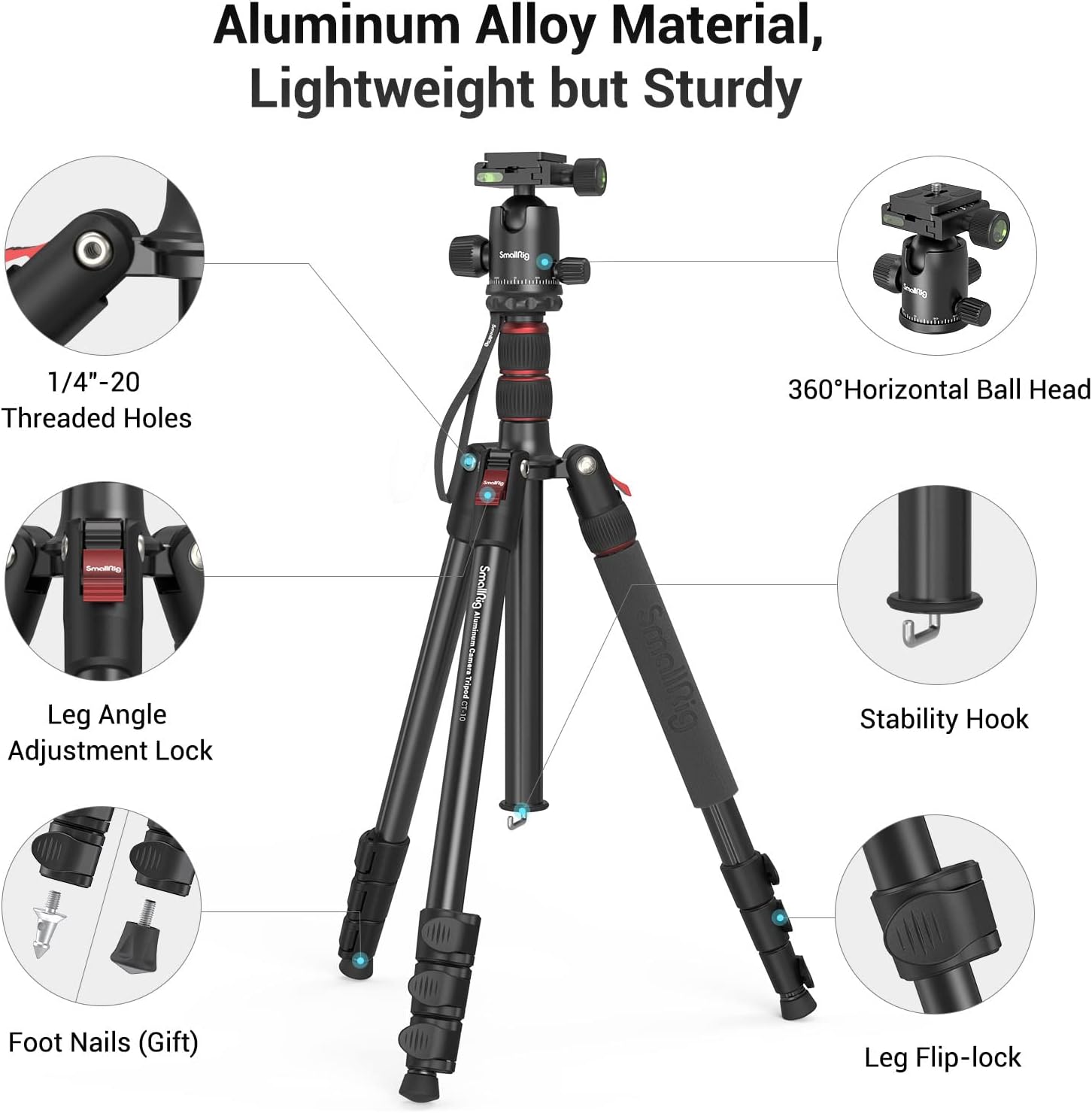 SmallRig Camera Tripod, 71" Foldable Aluminum Tripod/Monopod, 360°Ball Head Detachable, Payload 33lb, Adjustable Height from 16" to 71" for Camera, Phone - Image 5