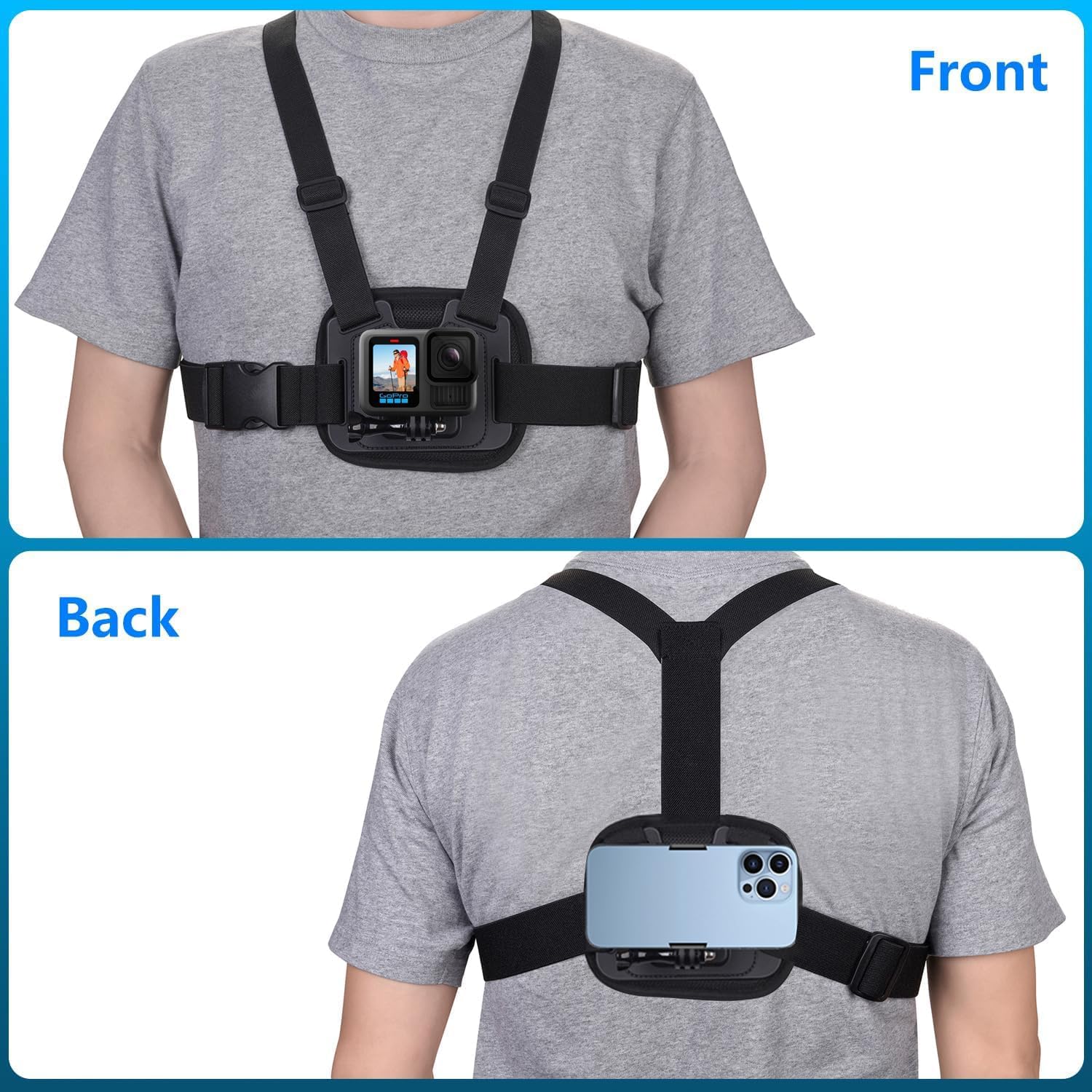 Suptig Dual Chest Mount, Adjustable Phone Chest Strap, Breathable Material for Gopro Hero 13 Hero 12 Hero 11 Hero 10 Hero 9 Hero 8/7/6/5/4/3, AKASO, DJI osmo More Action Cameras - Image 3