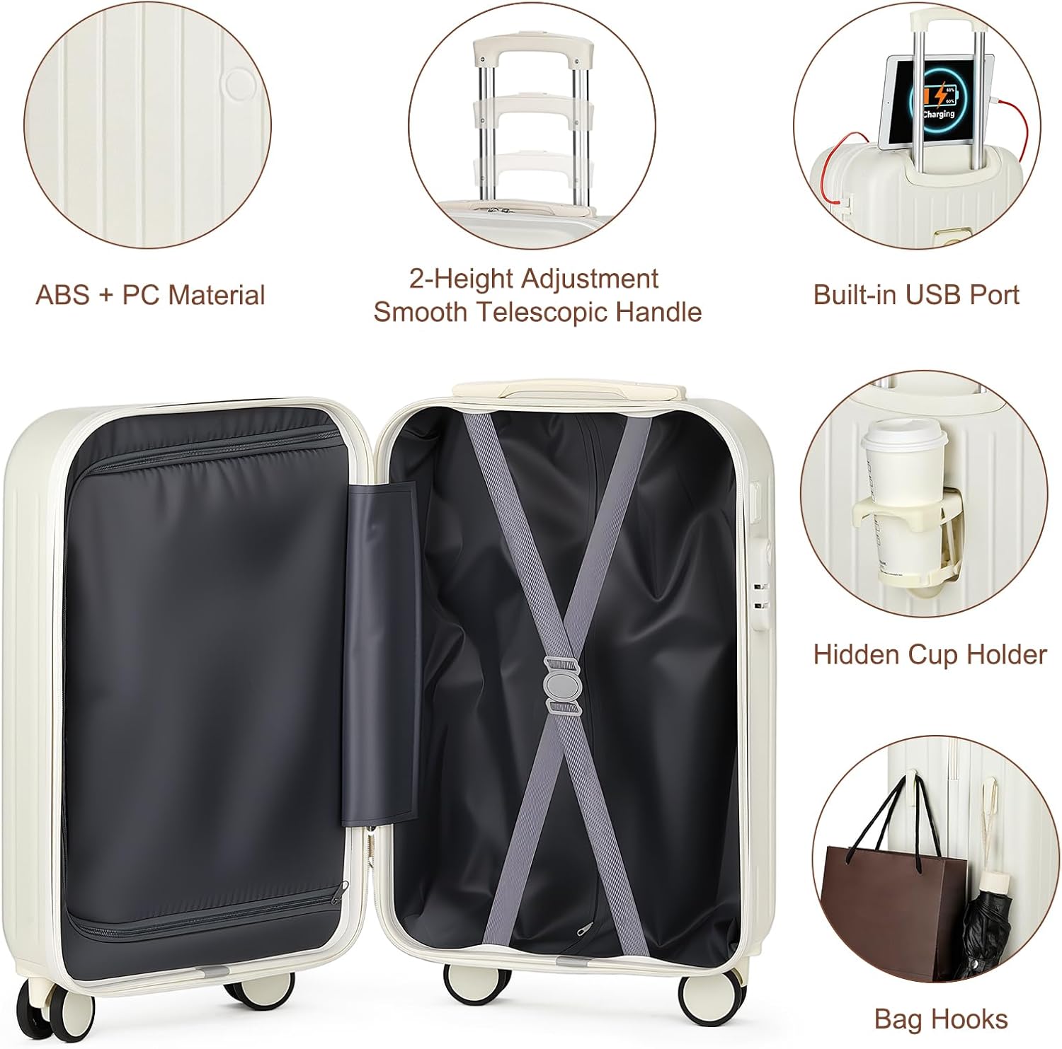 Luggage Sets for Women Men 4 Piece - Carry on Hardside Suitcase 20inch with USB Port, 360° Spinner Wheels, Duffel Bag, Cup Holder, Lightweight Luggage Set for Travel Vacation - Image 3