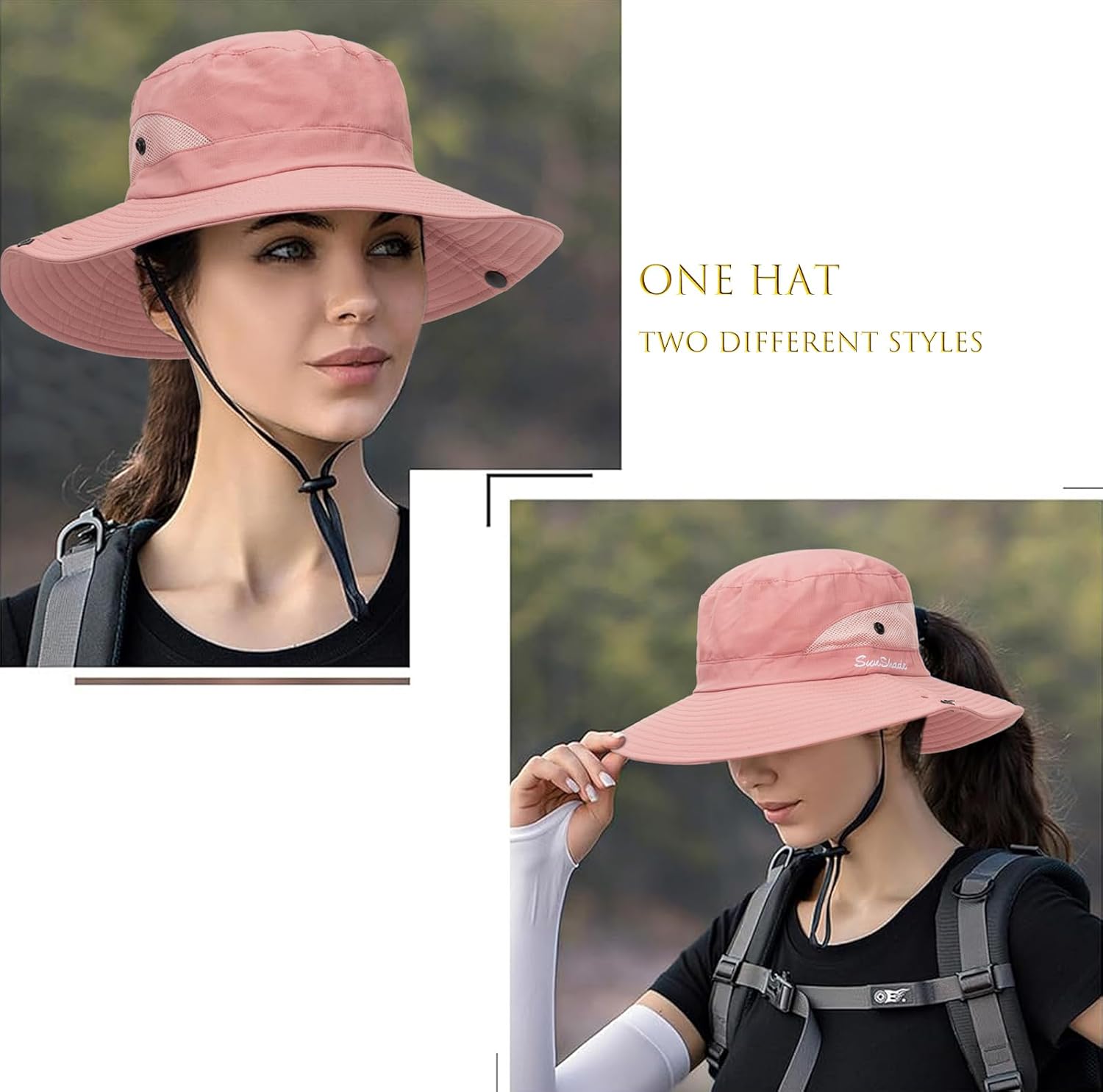 Womens Summer Sun Hat Beach Hat Wide Brim Outdoor UV Protection Hat Packable Mesh Bucket Hat with Ponytail Hole - Image 5