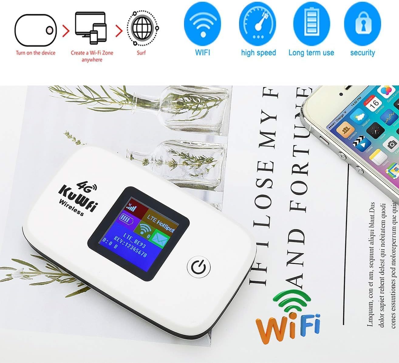 Mobile WiFi Hotspot | KuWFi 4G LTE Unlocked Wi-Fi Hotspot Device | Portable WiFi Router with SIM Card Slot for Travel Support B2/B4/B5/B12/B17 for AT&T/T-Mobile - Image 5