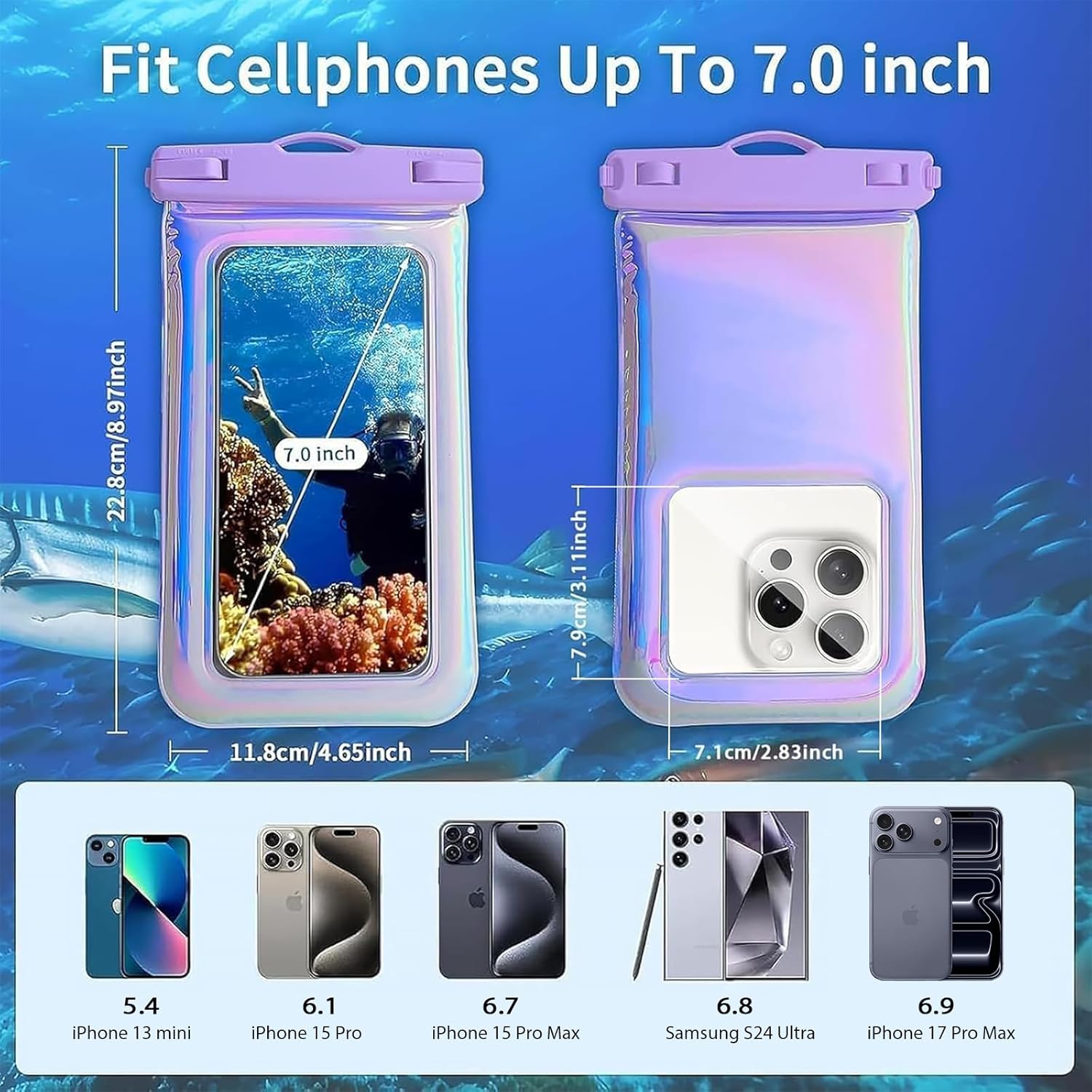 Floatable Waterproof Phone Pouch Case for iPhone 17 16 Pro Max/15/14/13/12, IP68 Travel Cellphone Dry Bag Beach Cruise Ship Essentials Bags with Crossbody Lanyard, Iridescent Purple - 7″ - Image 4