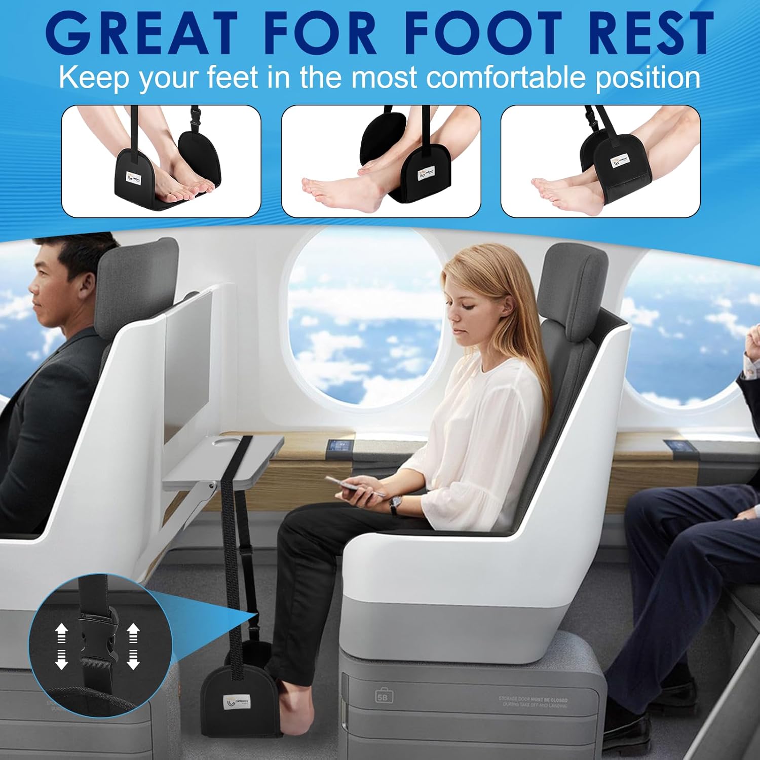 CERBONNY Airplane Foot Rest - Portable and Adjustable Foot Hammock, Travel Flight Essential for Relaxing Your Feet During Journeys - Office Footrests (Black) - Image 4