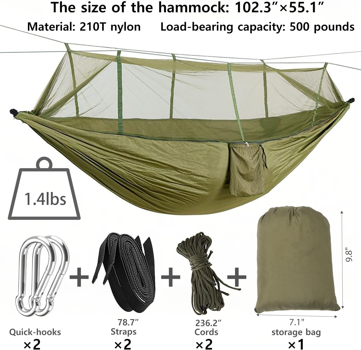Camping Hammock, Portable Hammocks with Mosquito Net, Hammock Tent for Outside Hiking Travel Camping Gear Must Haves (Green) - Image 3