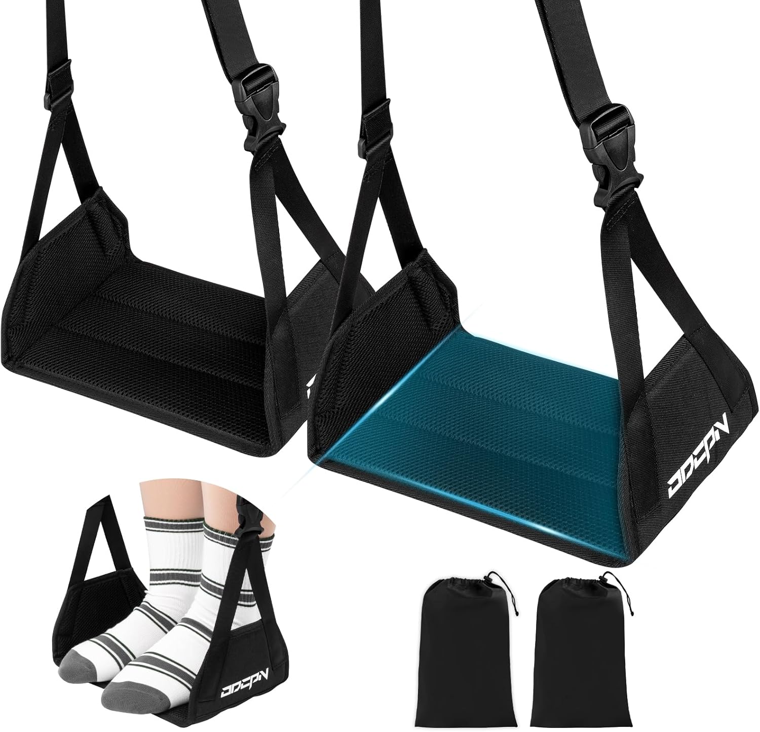 2-Pack Foot Hammock for Plane Travel, No Collapse Thickened Bamboo Airplane Foot Rest with Extended Adjustment Strap, Portable Desk Foot Hammock to Relax Your Feet, Foot Sling Travel Essentials(Black) - Image 2