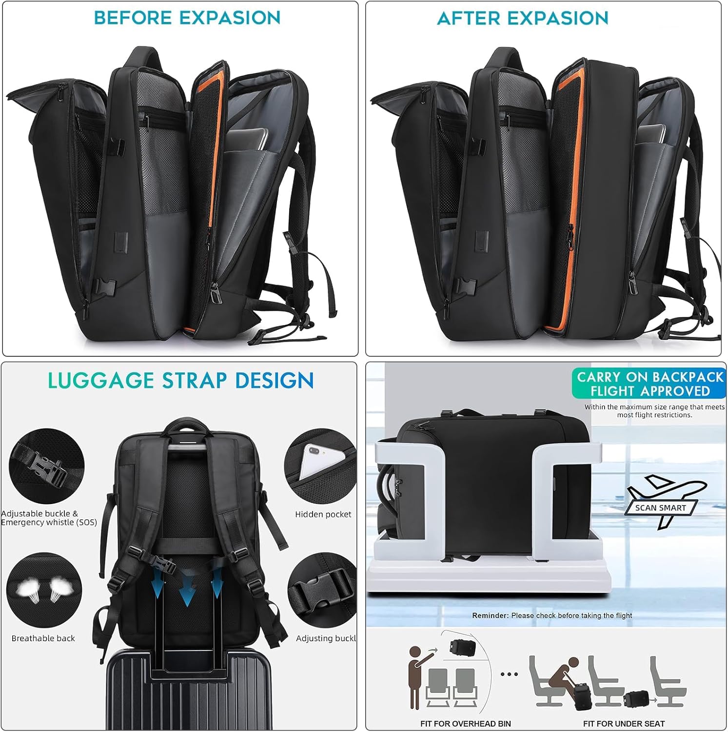 Travel Carry on Backpack 50L Expandable Flight Approved Backpacks 17.3 inch Laptop and USB Charging Port bags Water Resistant Business Back Pack for Women & Men - Image 7