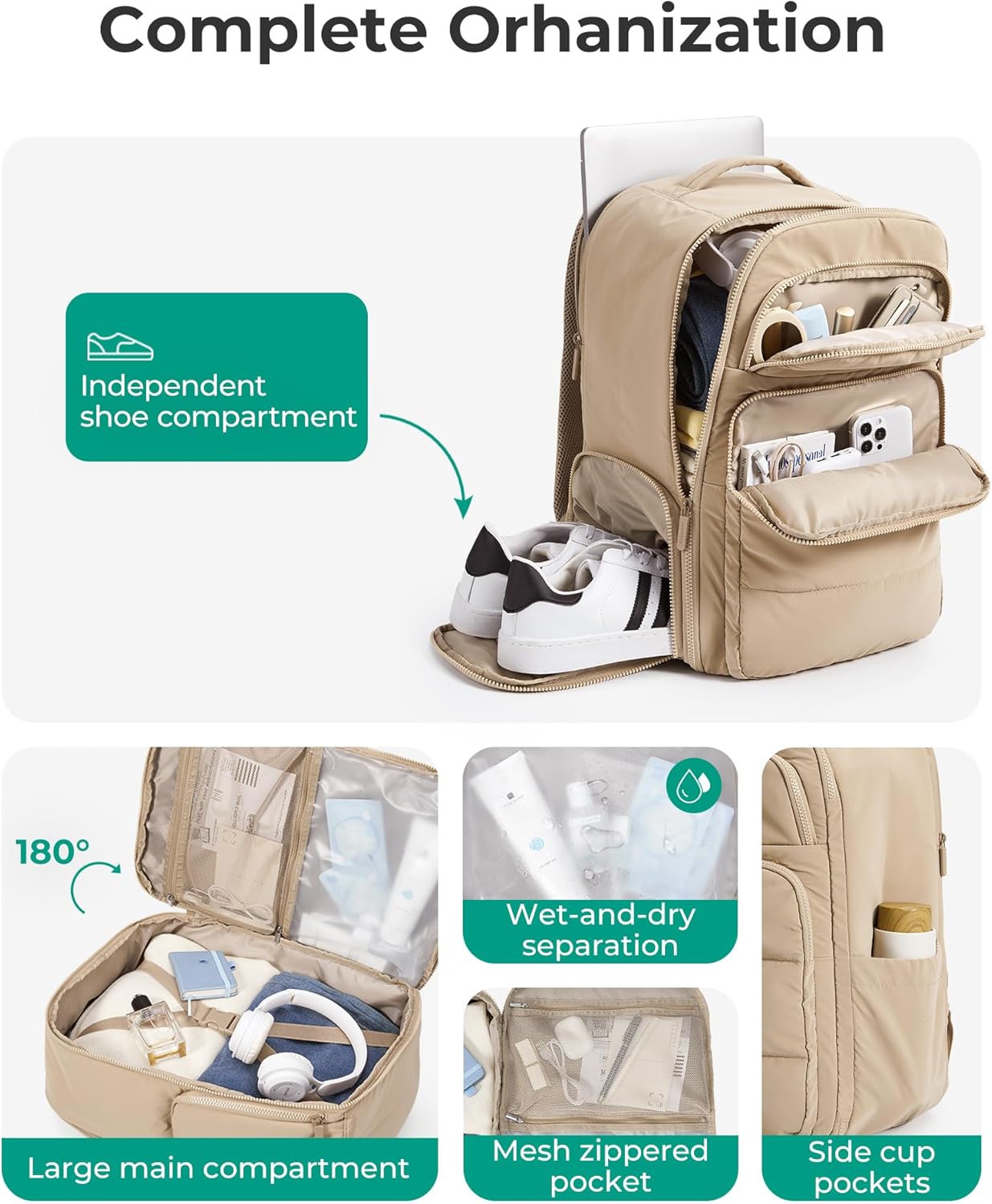 BAGSMART 35L Travel Backpack Women, 17.3 Inch Carry On Backpack Flight Approved, Personal Item Backpack Travel Bag, Water Resistant Casual Daypack, Desert - Image 4