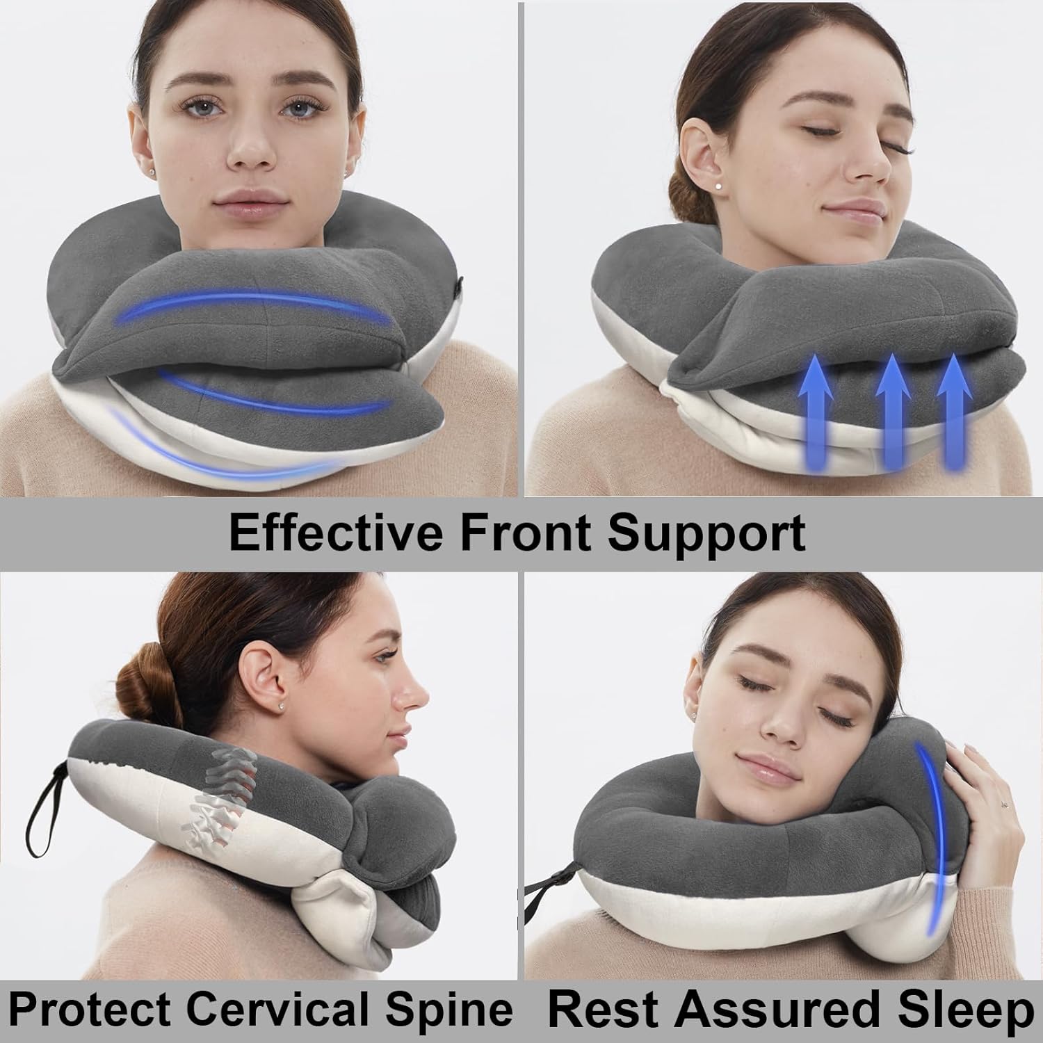 BUYUE Travel Neck Pillows for Airplanes, 360° Head Support Sleep for Long Flight, Skin-Friendly & Breathable, Kit with 3D Contoured Eye Mask, Earplugs and Storage Bag (Adult, Grey, 90+ lbs) - Image 3