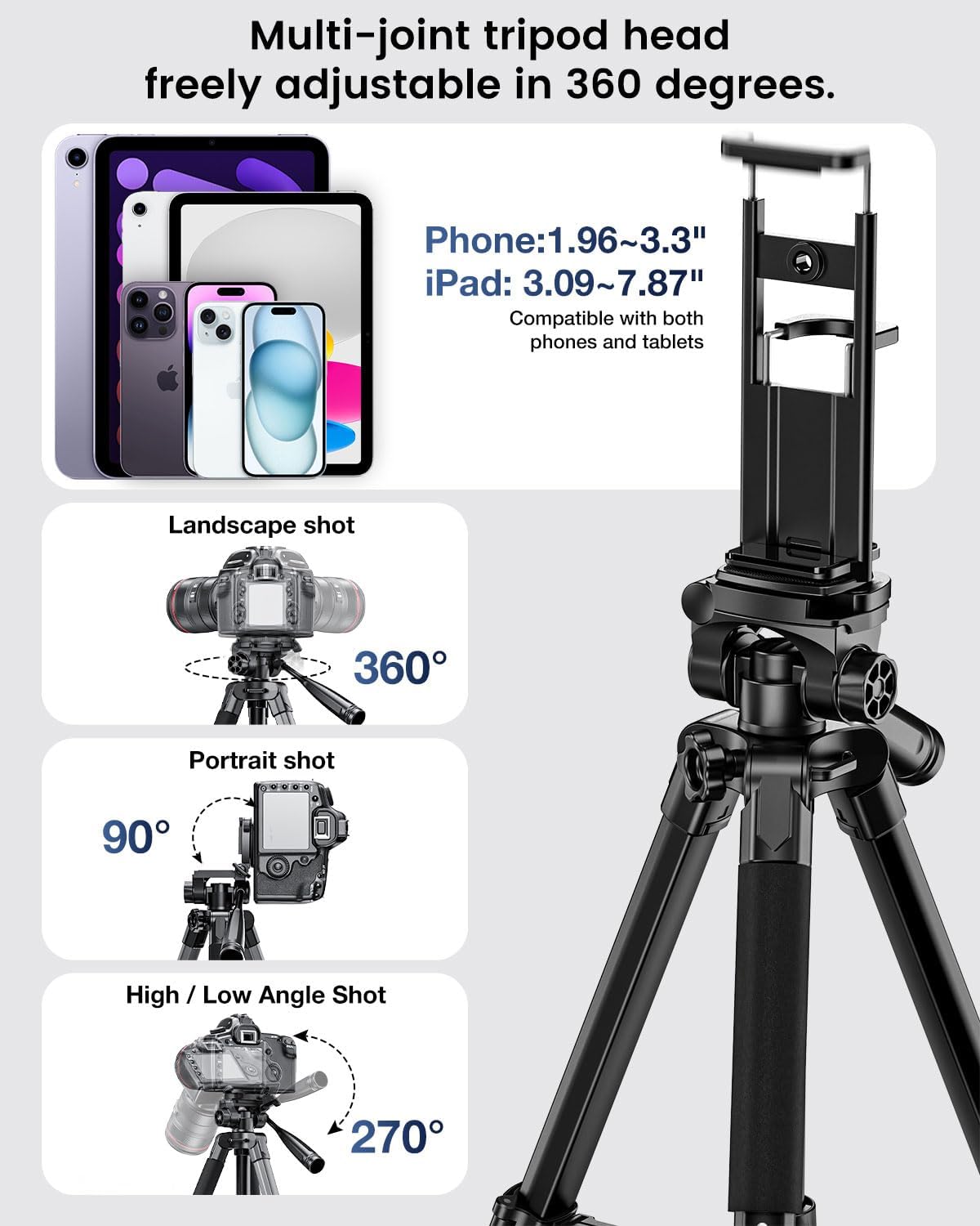 CAMBOFOTO 73" Camera Tripod and Monopod, Professional Aluminum Tripod Stand for Mirrorless Camera/DSLR/Cell Phone/Camcorder/GoPro, with Phone Holder and Travel Bag (Black) - Image 6