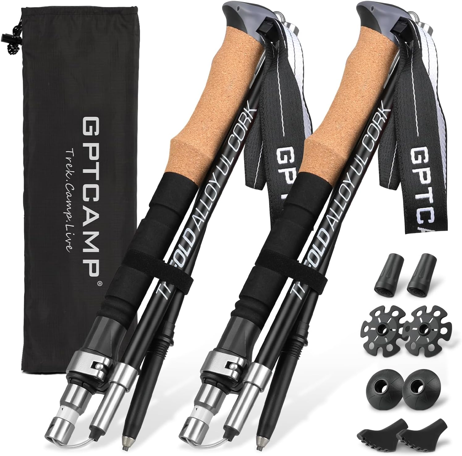 GPTCAMP Nordic Walking Stick, TPZ-1, 2pc Folding Collapsible Hiking Poles with Metal Quick Lock, Cork Handle, Lightweight 7075 Aluminum Trekking Poles for Seniors Women Men Hiking Gear - Image 2