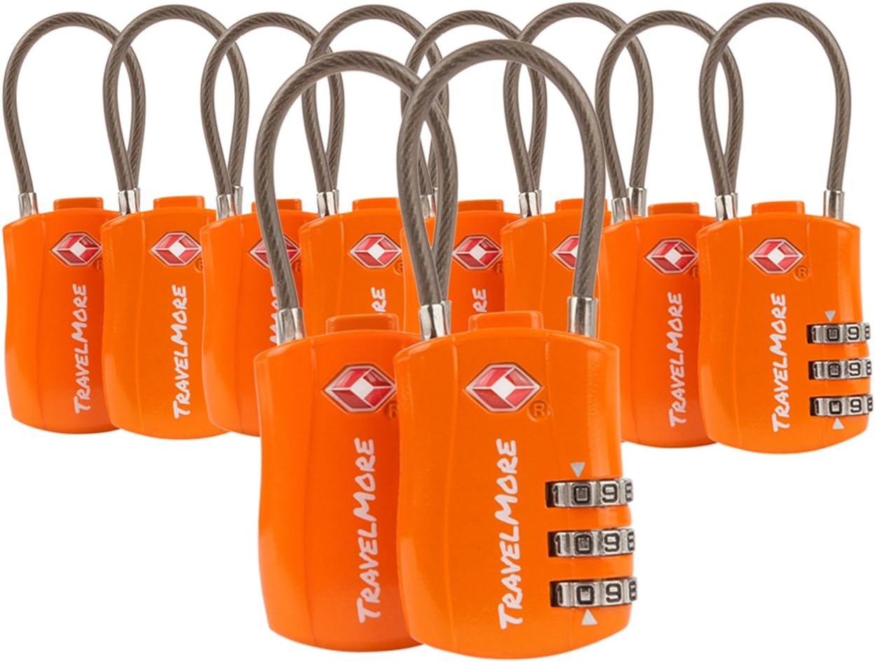 TravelMore 10 Pack TSA Approved Travel Combination Cable Luggage Locks for Suitcases - Orange - Image 2