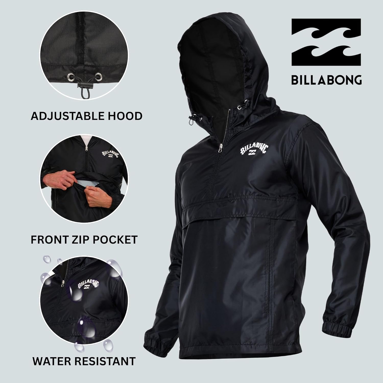 Billabong Big and Tall Rain Jacket - Hoodie Anorak Windbreaker Jacket for Men, Waterproof Water Resistant Raincoat - Image 6