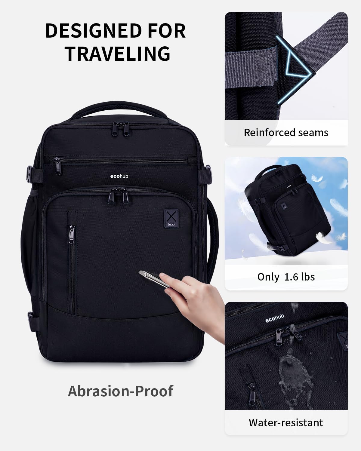 ECOHUB 17" Small Travel Backpack, United Airlines Personal Item Bag 17x10x9 with 16 Pockets, Water Resistant Rucksacks Fit 15.6" Laptop, AirTag Pocket, Lightweight Casual Daypack, 25L, Black - Image 7
