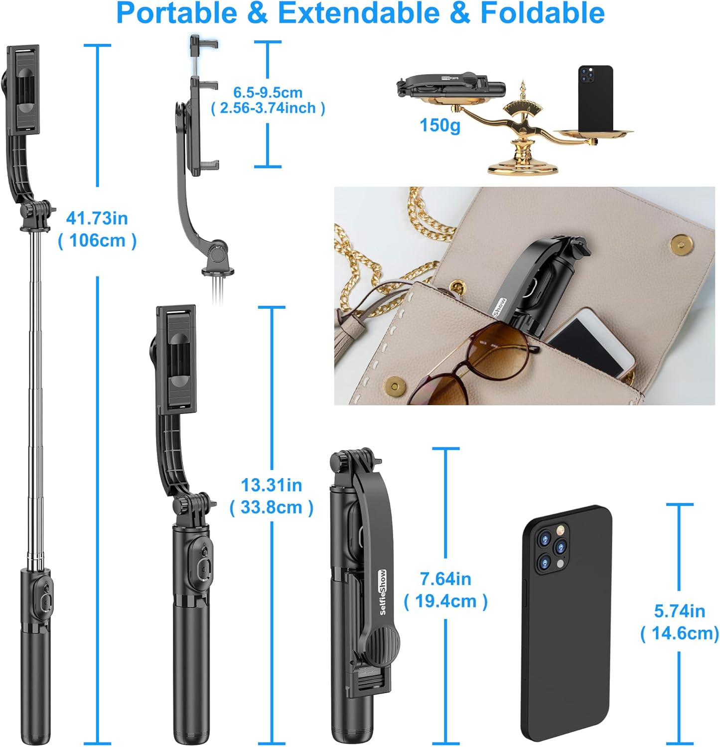 SelfieShow Selfie Stick, Extendable Selfie Stick Tripod with Wireless Remote and Tripod Stand, Portable, Lightweight, Compatible with iPhone 15 14 13 12 Pro Xs Max X 8Plus, Samsung Smartphone and More - Image 8