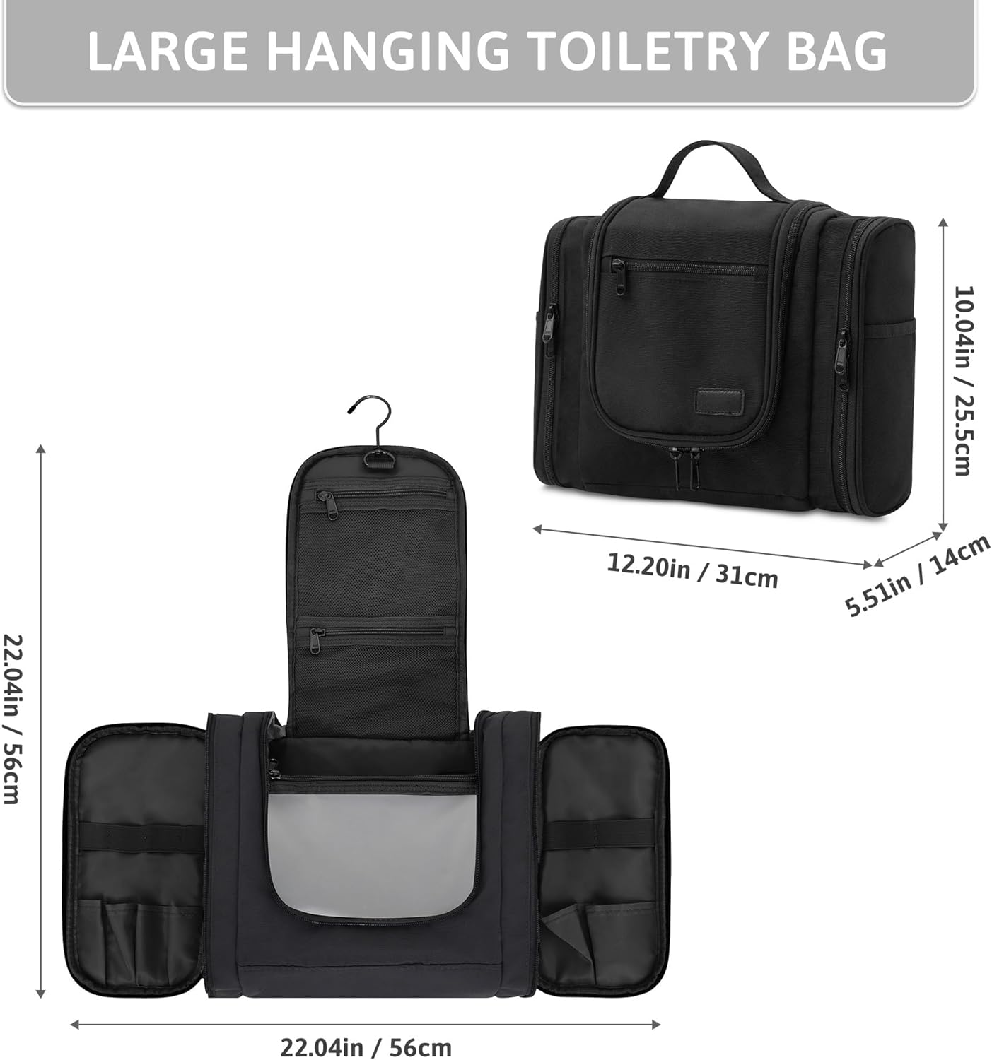 Pearl Angeli Hanging Toiletry Bag for Women, Large Makeup Cosmetic Bag, Water Resistant Toiletries Travel Essentials Organizer, Full-size Container, Black - Image 4