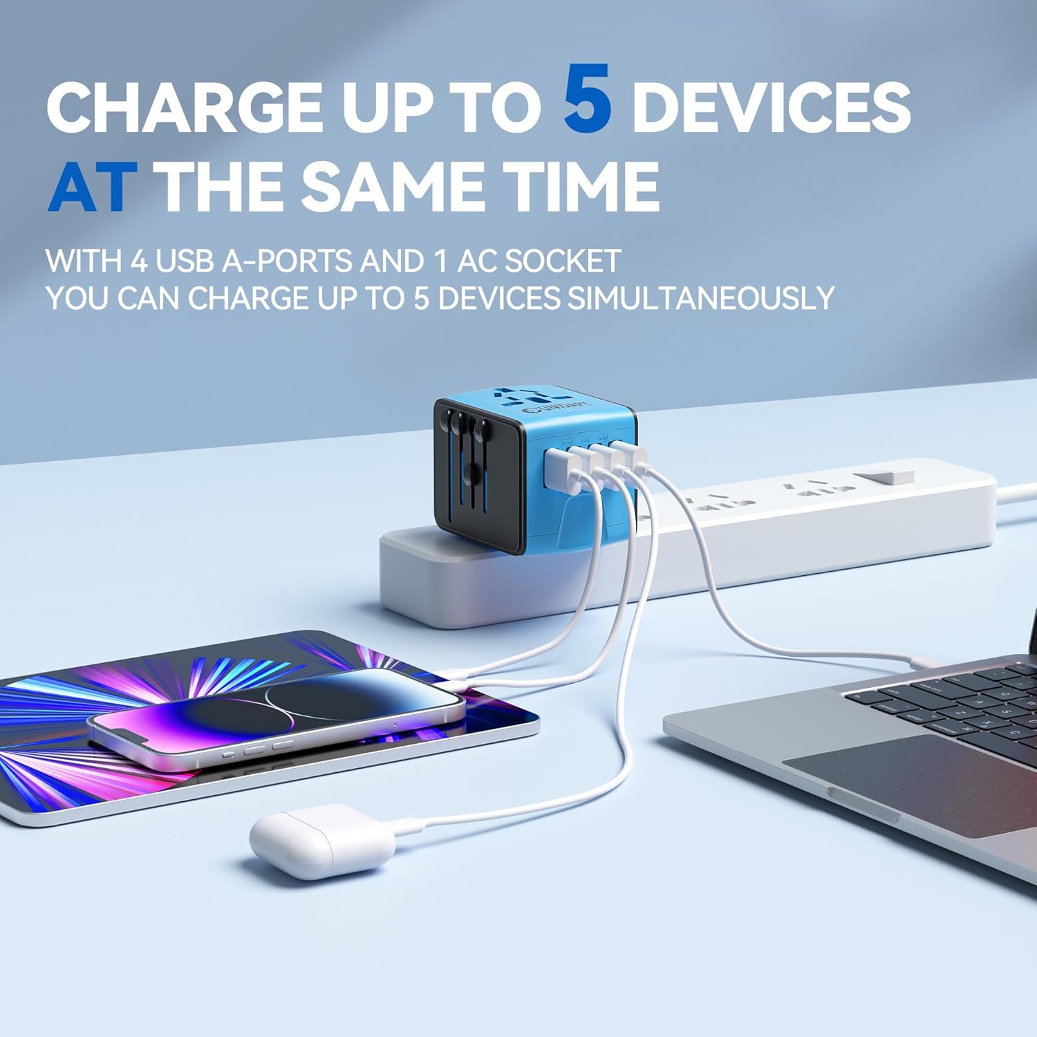 Unidapt Universal Travel Adapter, International Plug Adapter Fast 2,4A 4-USB European Power Plug, AC Wall Charger - Worldwide Outlet for Europe US USA UK EU AUS, Blue - Image 6