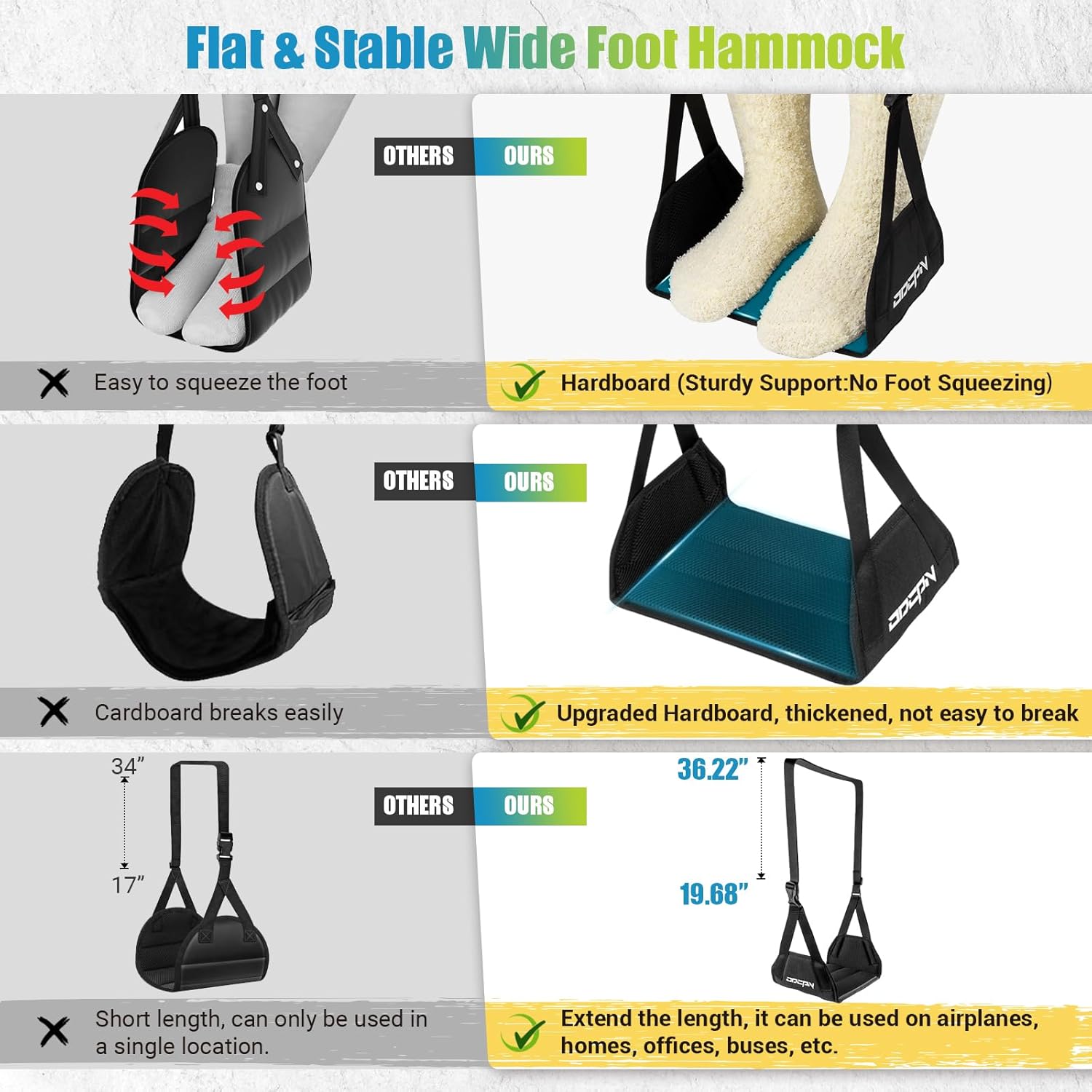 2-Pack Foot Hammock for Plane Travel, No Collapse Thickened Bamboo Airplane Foot Rest with Extended Adjustment Strap, Portable Desk Foot Hammock to Relax Your Feet, Foot Sling Travel Essentials(Black) - Image 4