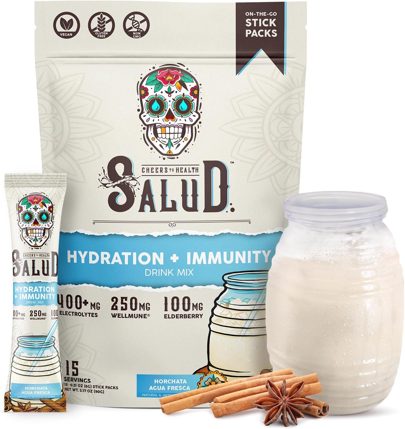 Salud 2-in-1 Hydration Packets + Immunity Electrolytes Powder, Horchata - Agua Fresca Drink Mix, Elderberry, Dairy & Soy Free, Non-GMO, Gluten Free, Vegan, Low Calorie, 1g Sugar (15 Servings) - Image 2