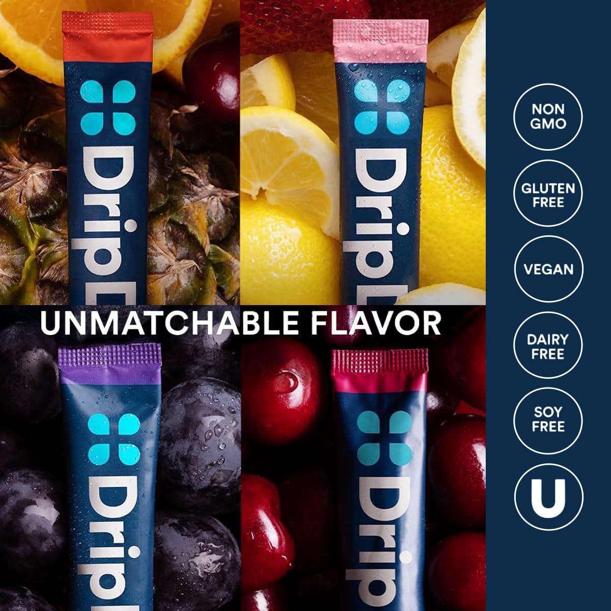 DripDrop Hydration Packets - Juicy Variety Pack - Single Serve Electrolytes Powder Drink Mix - Grape, Fruit Punch, Strawberry Lemonade, Cherry - Non-GMO, Gluten Free, Vegan - 32 Sticks - Image 8