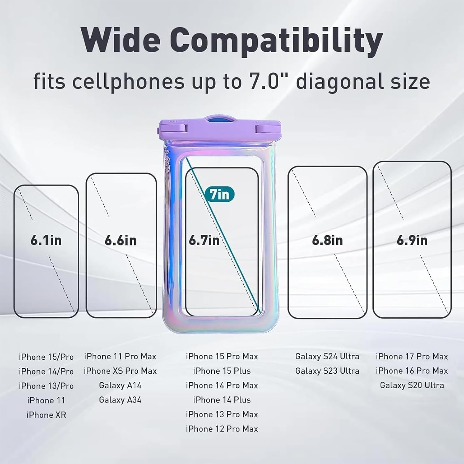 Floatable Waterproof Phone Pouch Case for iPhone 17 16 Pro Max/15/14/13/12, IP68 Travel Cellphone Dry Bag Beach Cruise Ship Essentials Bags with Crossbody Lanyard, Iridescent Purple - 7″ - Image 3