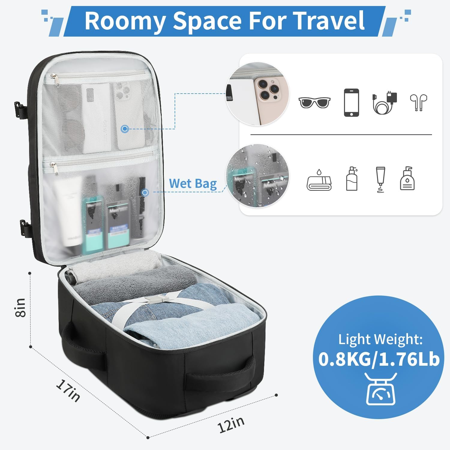 ZOMFELT Travel Backpack for Women Men, Carry on Backpack, TSA 15.6 inch Laptop Backpack Flight Approved, Personal Item Travel Bag Nurse Bag Casual Daypack for Weekender Business Trip, Black - Image 4