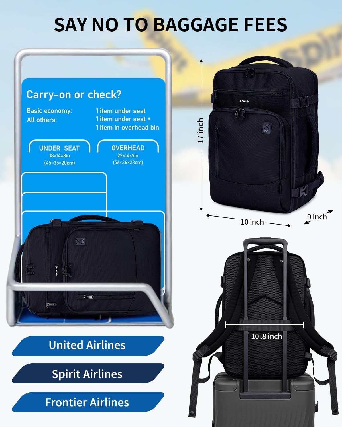 ECOHUB 17" Small Travel Backpack, United Airlines Personal Item Bag 17x10x9 with 16 Pockets, Water Resistant Rucksacks Fit 15.6" Laptop, AirTag Pocket, Lightweight Casual Daypack, 25L, Black - Image 3