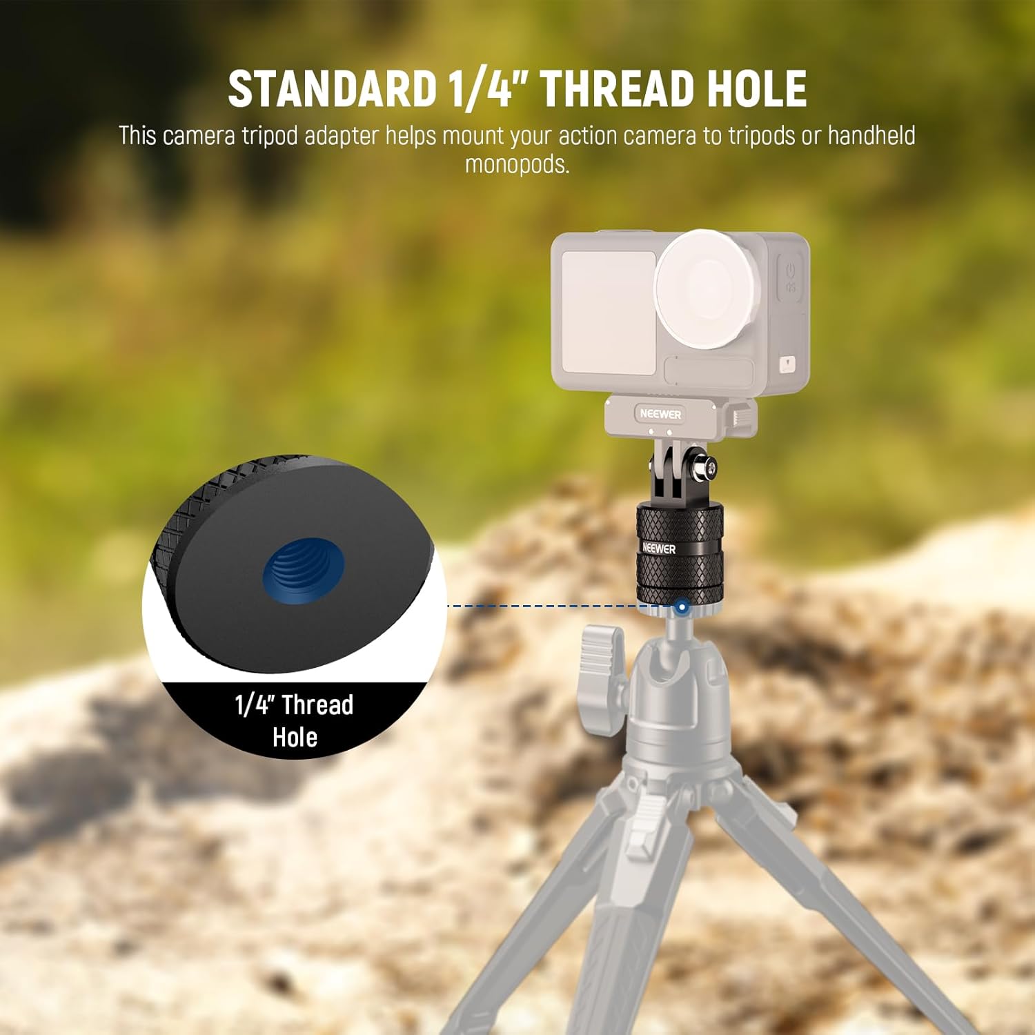 NEEWER Action Camera Tripod Mount Adapter Compatible with GoPro Hero 13 Go Pro 12 11 10 9 Black DJI Osmo Action 5 Pro 4 3, 360° Swivel 1/4"-20 to 3 Prong Mount for Standard 1/4 Accessories, GP-89 - Image 7