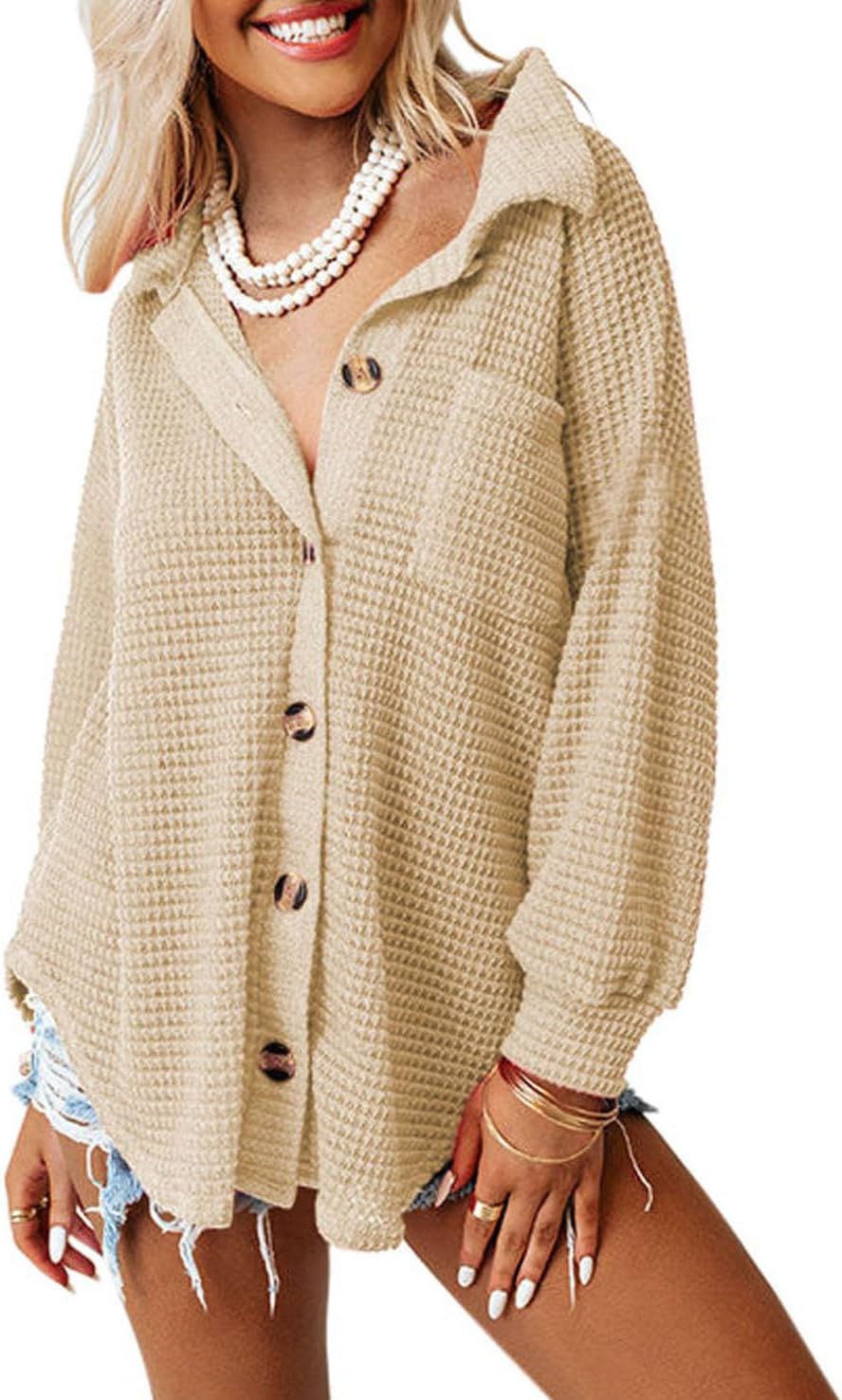 Dokotoo Womens Waffle Knit Shacket Jacket Casual Long Sleeve Button Down Shirts Dressy Blouses Tops - Image 2