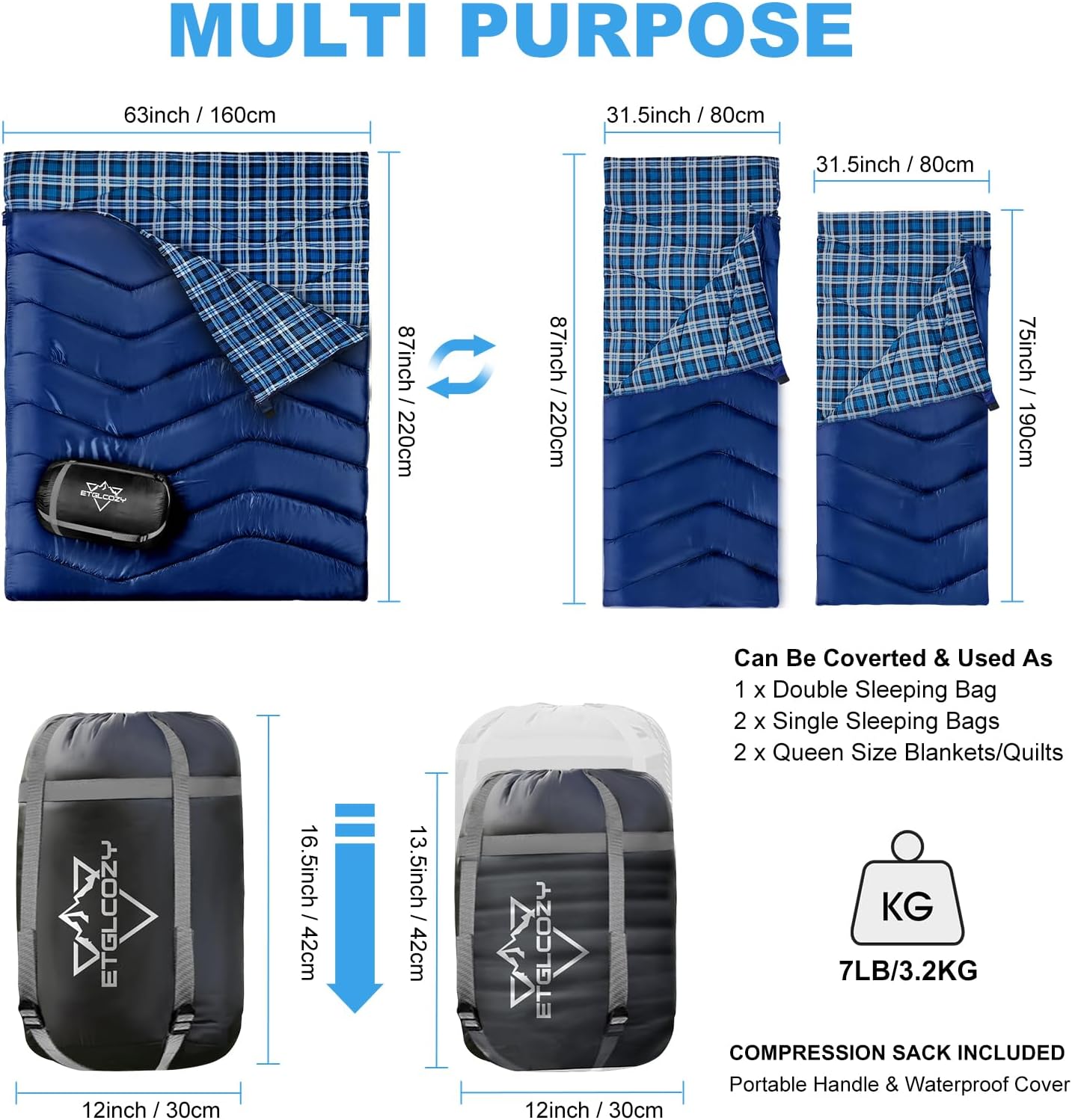 Double Sleeping Bag for Adults Kids, XL Queen Size 2 Person All Season for Warm & Cold Weather, Lightweight Compact with Compression Sack Camping Essentials for Backpacking Hiking - Image 3