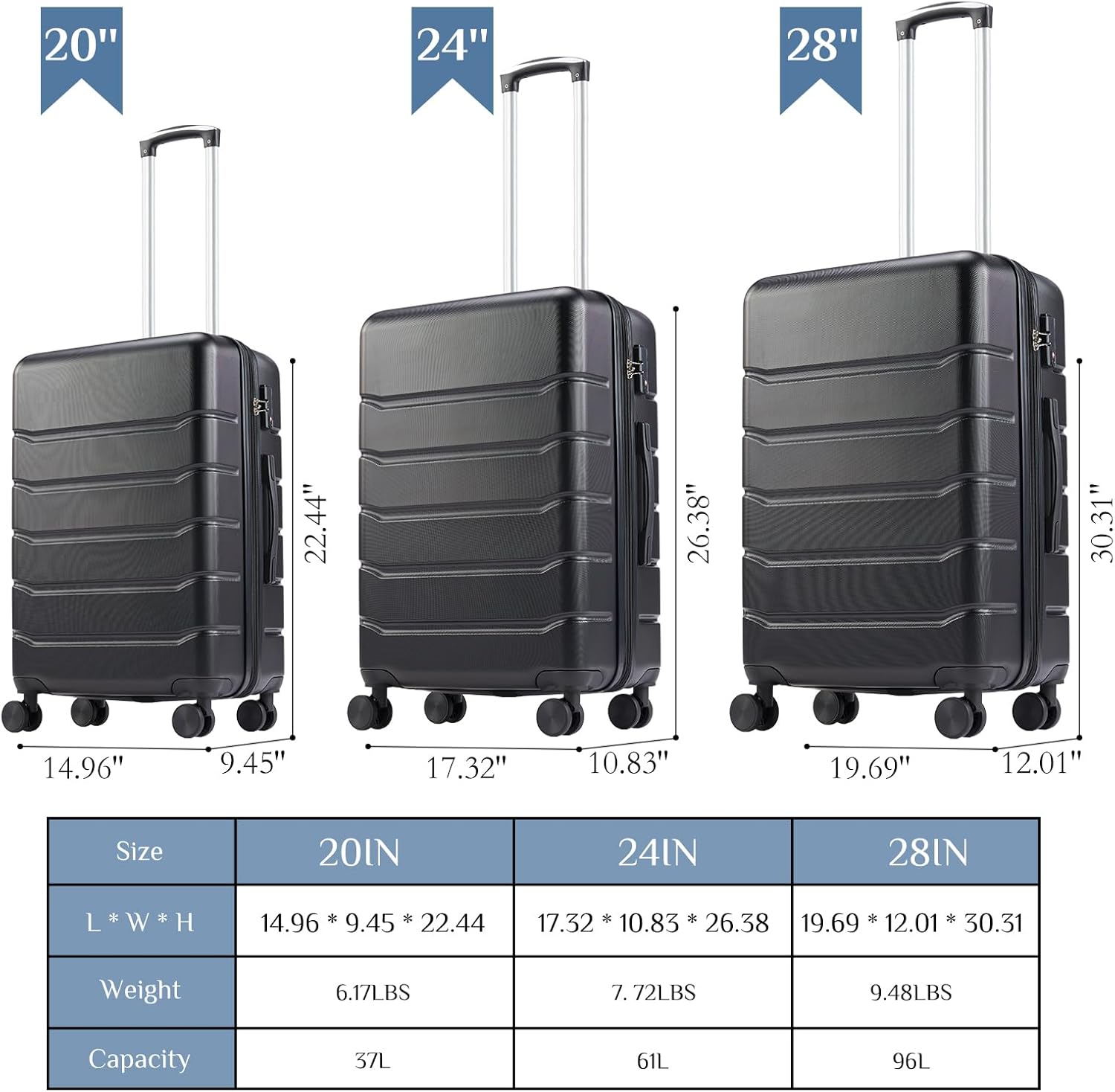 DUMOS Hardside Suitcases with Spinner Wheels, Black, 20/24/28IN - Image 9
