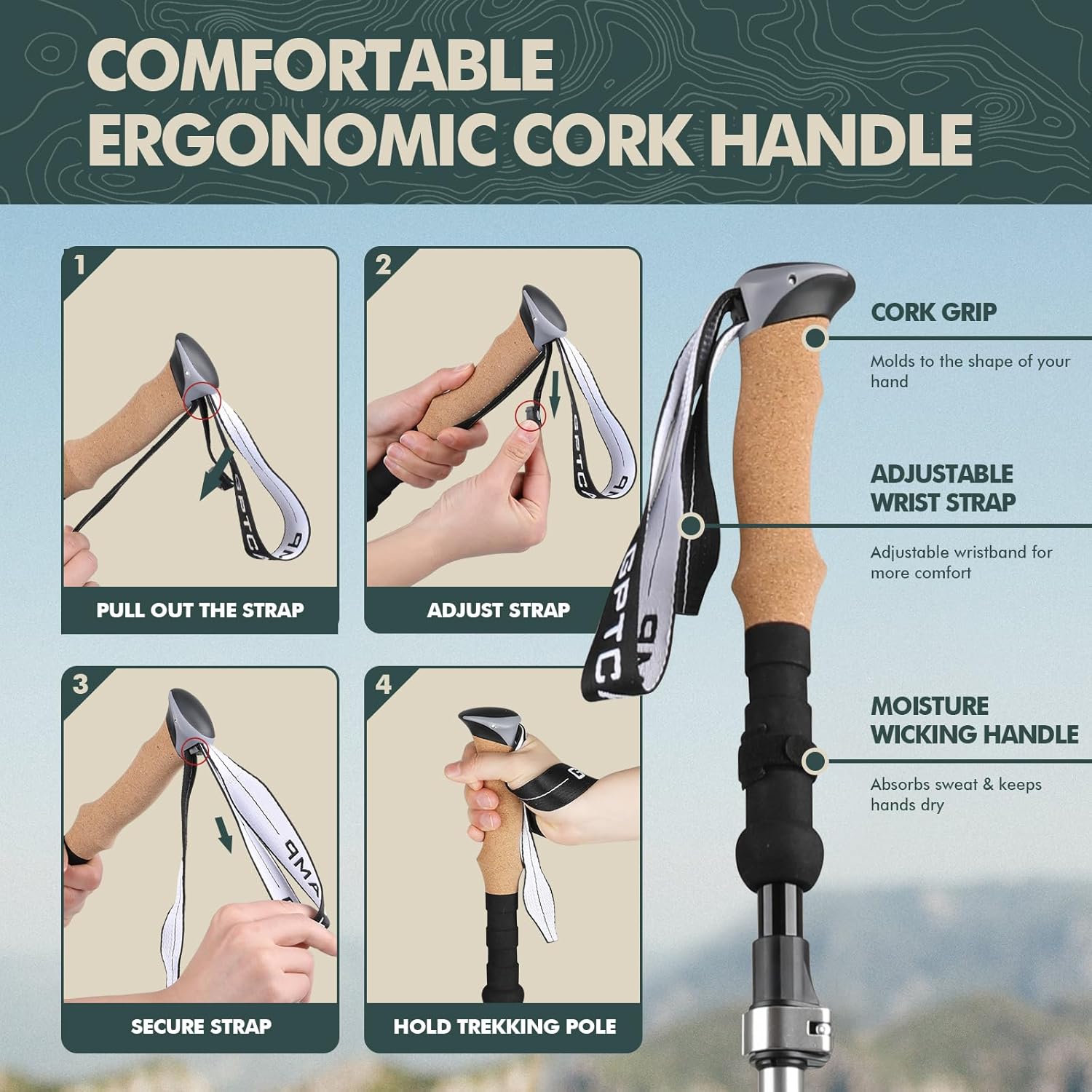 GPTCAMP Nordic Walking Stick, TPZ-1, 2pc Folding Collapsible Hiking Poles with Metal Quick Lock, Cork Handle, Lightweight 7075 Aluminum Trekking Poles for Seniors Women Men Hiking Gear - Image 3