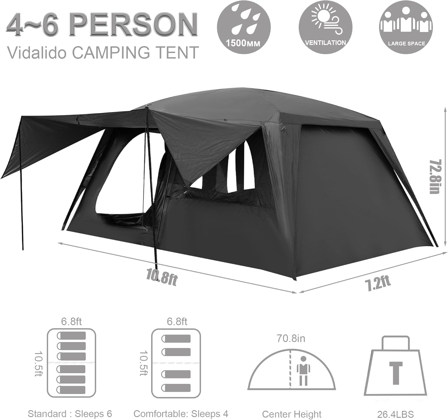 Vidalido 4-6 Person Camping Tent with 3 Door 2 Room Large Family Cabin Tents, Double Layer Waterproof Portable Glamping Tent, Big Tents for Outdoor Camping Hiking and Backpacking - Image 6
