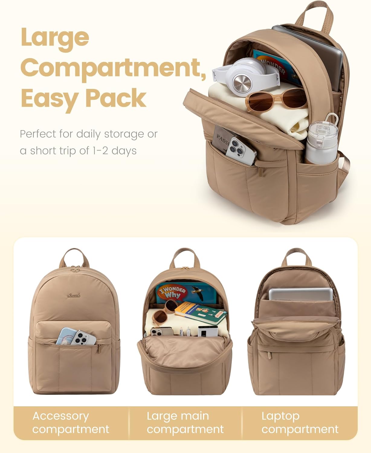 LOVEVOOK Puffer Computer Backpack for Women Girl Travel Work, Lightweight Quilted School Laptop Backpack Purse,Cute Bookbag Teacher Nurse Laptop Bag, Waterproof Student Casual Daypack,15.6 Inch,Khaki - Image 5