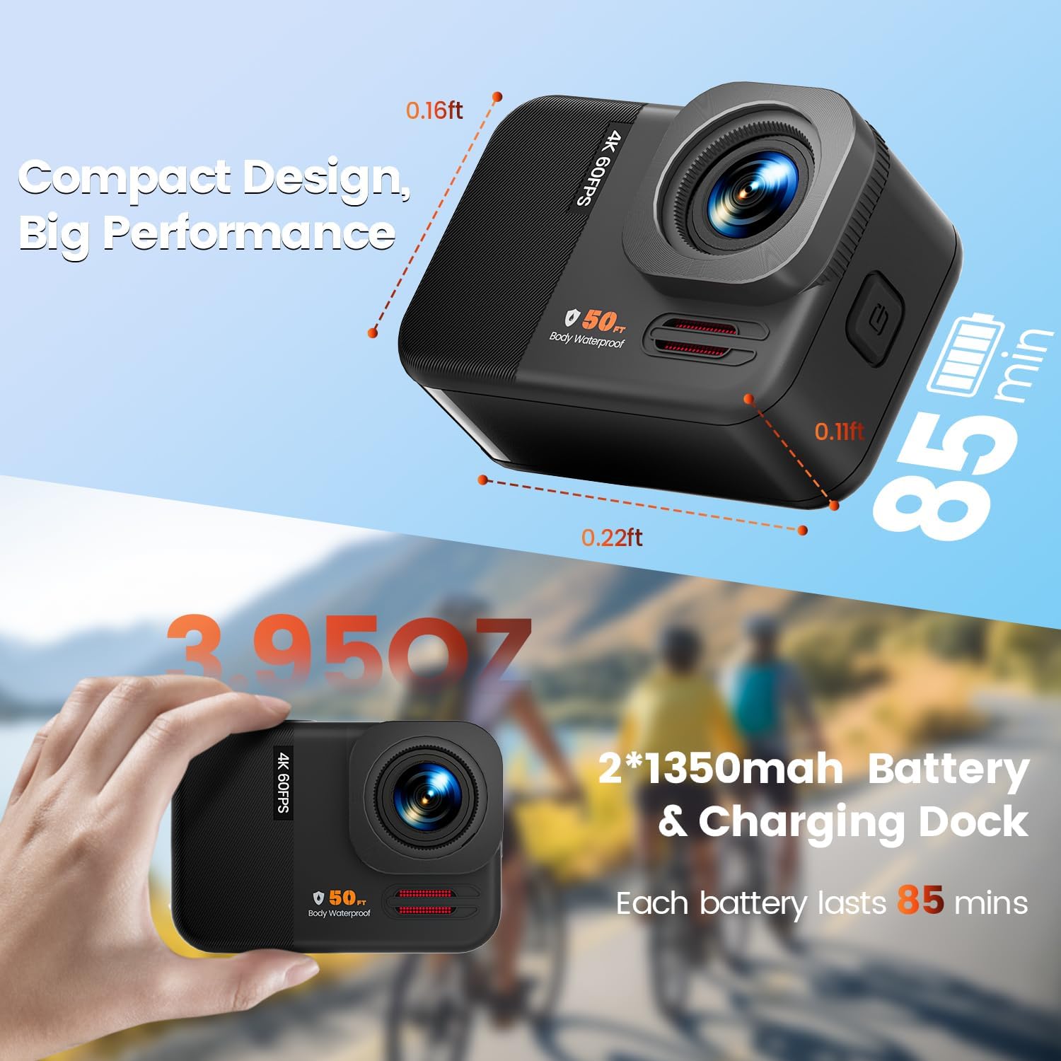 4K 60FPS 48MP WiFi Action Camera with Touch Screen, 50FT Underwater Waterproof Camera, No Case Needed, EIS Motorcycle Camera, 8X Zoom, 64GB Card, Remote Control, Batteries & Mounting Kits - Image 7