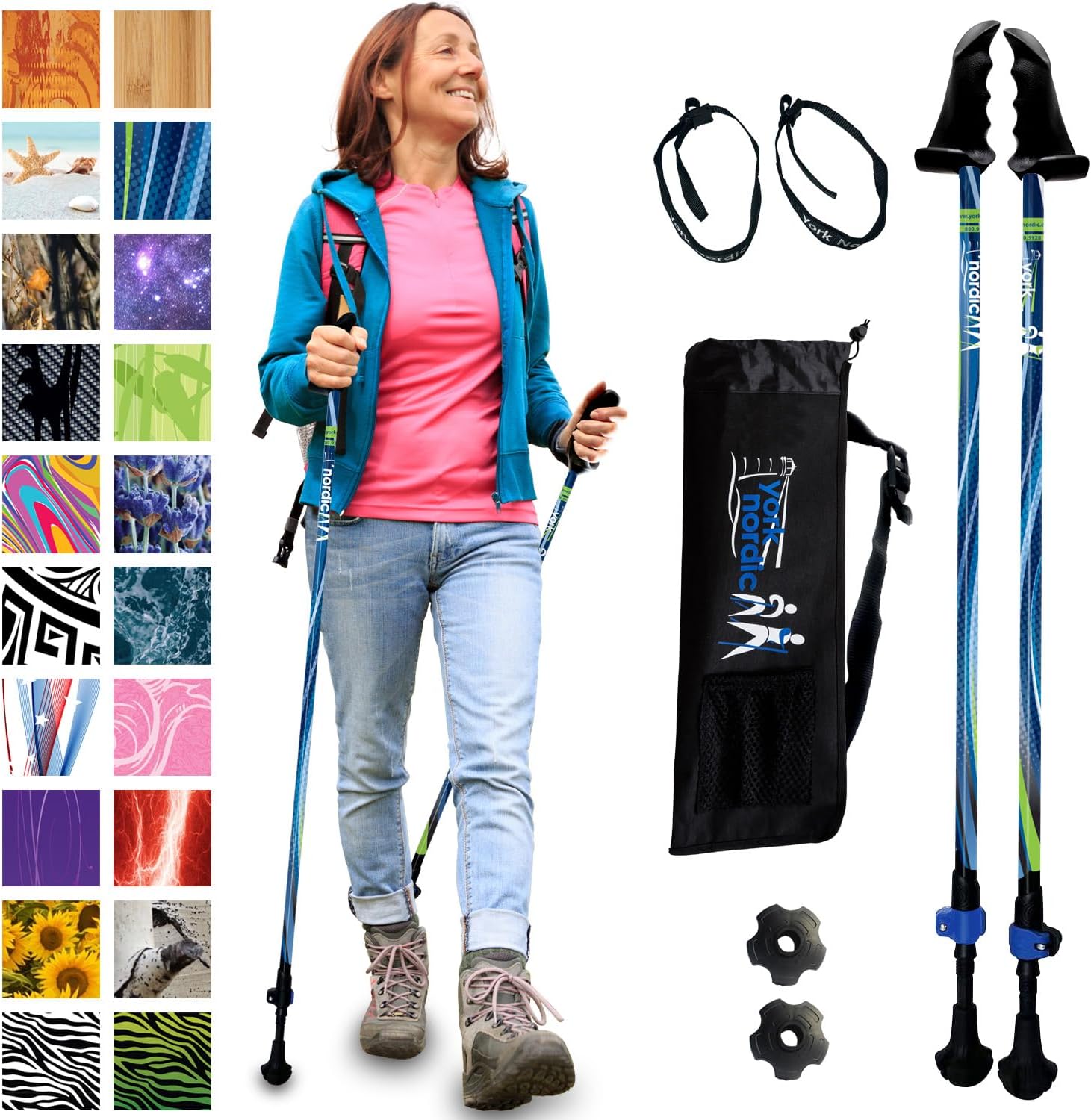 York Nordic Motivator Walking Poles for Balance and Rehab - Patented Stability Grips - Lightweight, Adjustable, and Collapsible - 2 Pieces Adjustable w/flip Locks - Heights 4'6" up to 6'2" - 230 lbs - Image 2