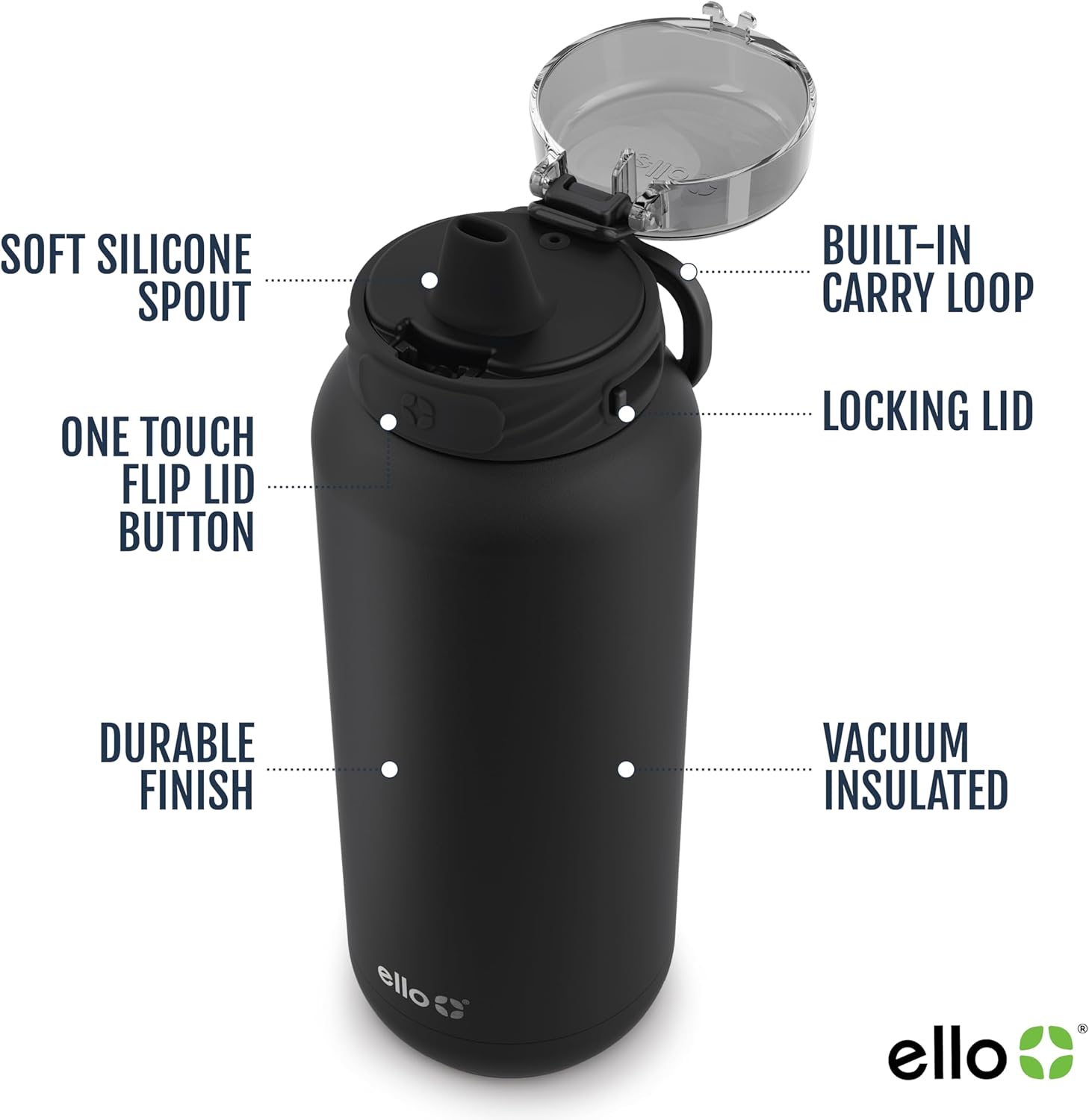 Ello Cooper 32oz Stainless Steel Water Bottle with Straw and Carry Handle, Double Walled and Vacuum Insulated Metal, Leak Proof Locking Lid with Soft Silicone Spout, Reusable, BPA Free, Black - Image 4