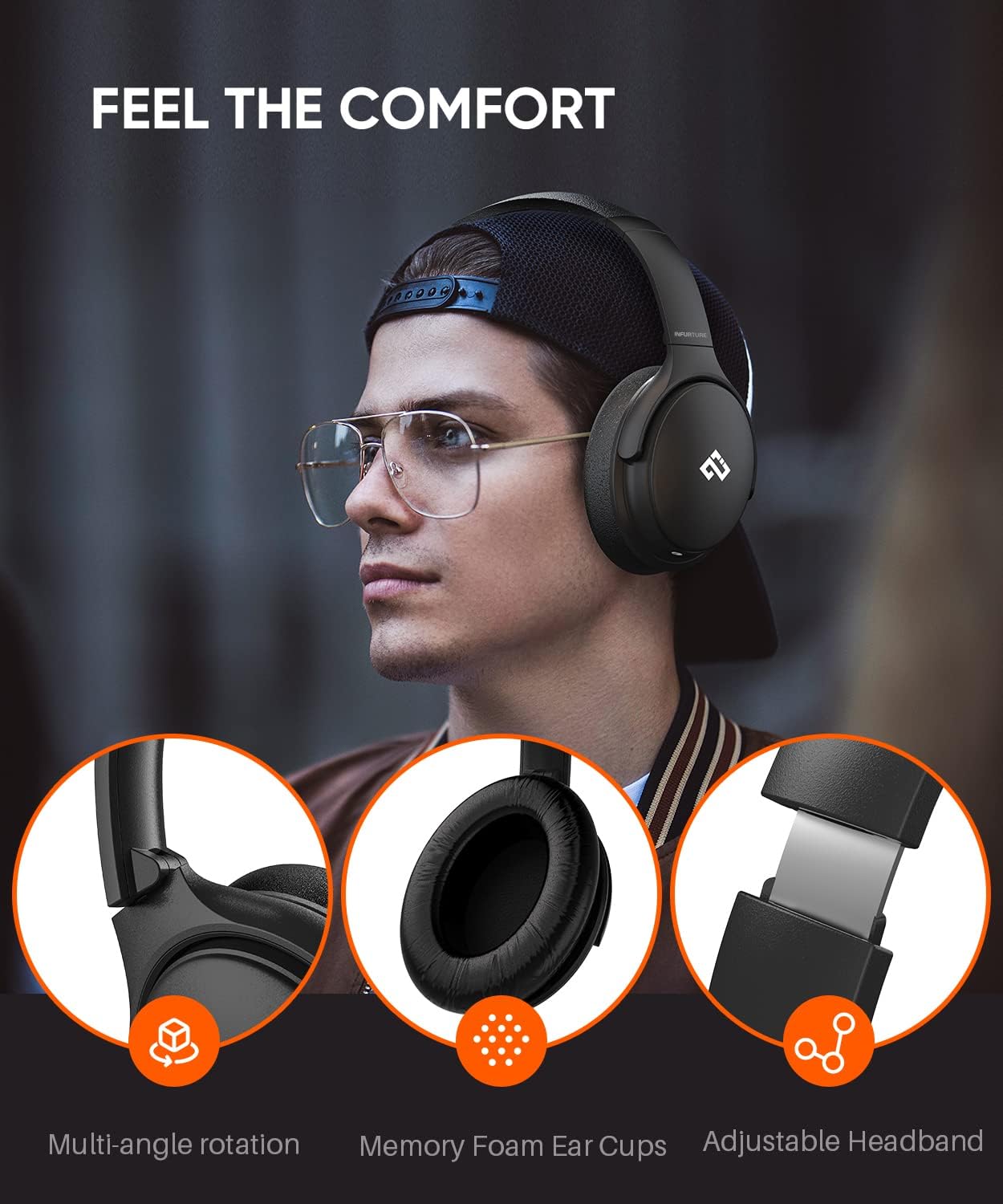 INFURTURE Over Ear Headphones Active Noise Cancelling Headphones, H1 Wireless Bluetooth Headset, Deep Bass Headset, Low Latency, 90H Playtime, Foldable Headphone for Sport Running Cool Gadgets Gift - Image 7