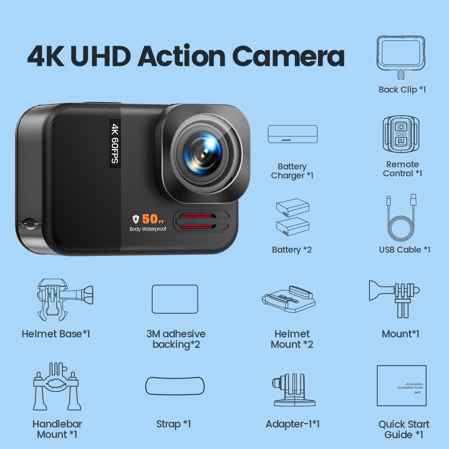 4K 60FPS 48MP WiFi Action Camera with Touch Screen, 50FT Underwater Waterproof Camera, No Case Needed, EIS Motorcycle Camera, 8X Zoom, 64GB Card, Remote Control, Batteries & Mounting Kits - Image 9