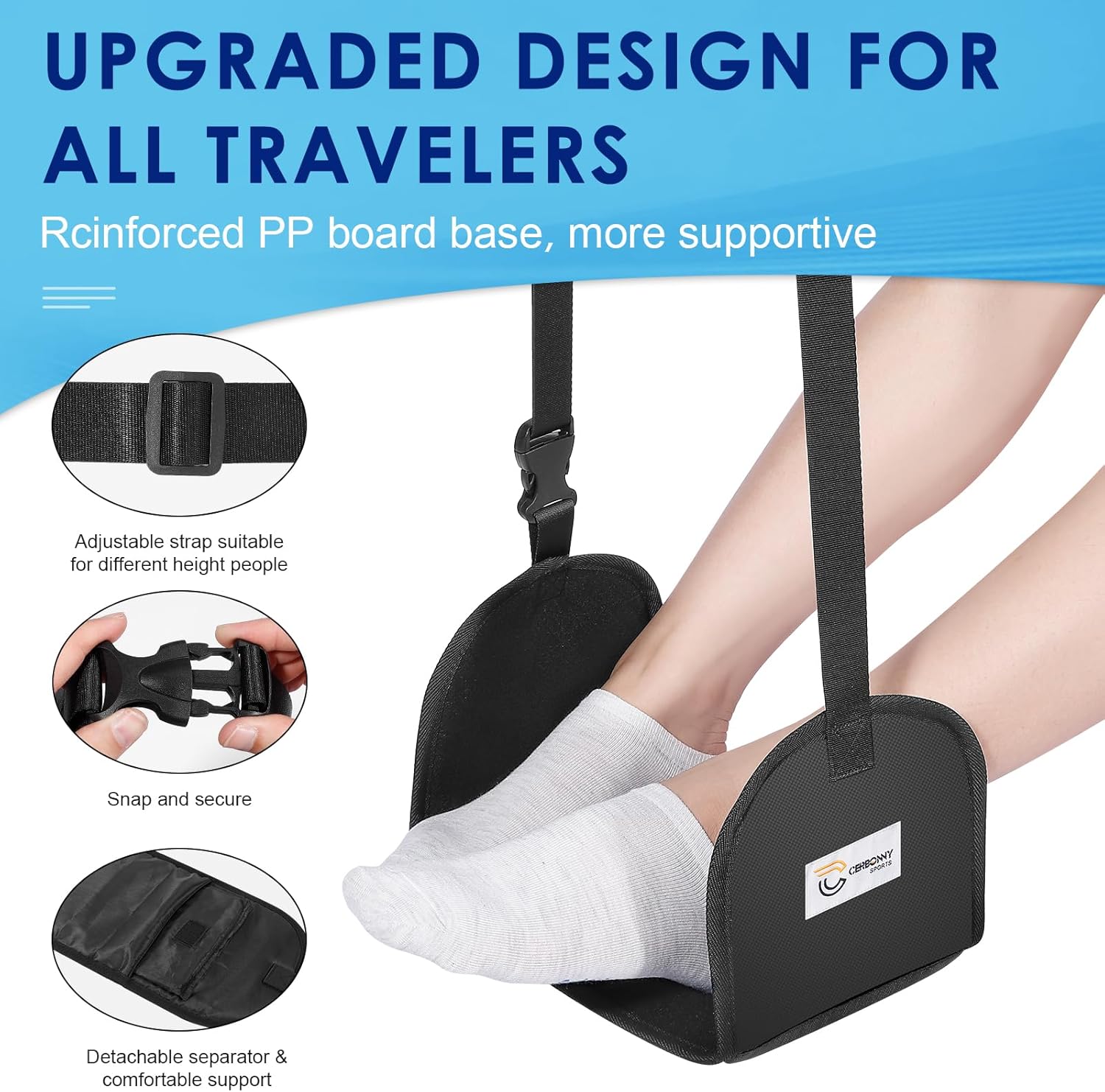 CERBONNY Airplane Foot Rest - Portable and Adjustable Foot Hammock, Travel Flight Essential for Relaxing Your Feet During Journeys - Office Footrests (Black) - Image 7