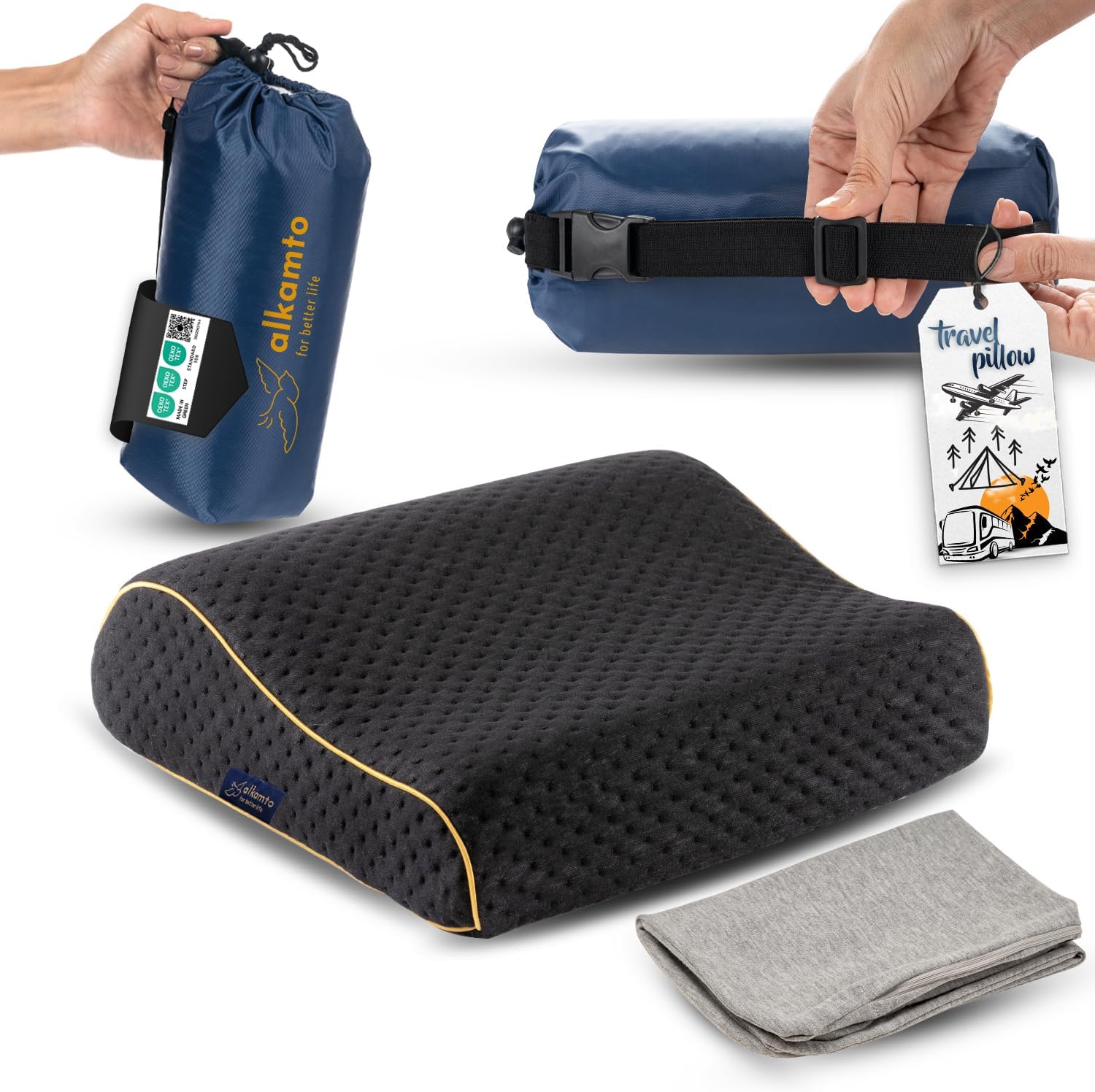 alkamto Travel & Camping Comfortable Memory Foam Pillow – Easy to Carry Portable Bag – Temperature Regulating Pillow Case (Black Contour + Extra Cover) - Image 2